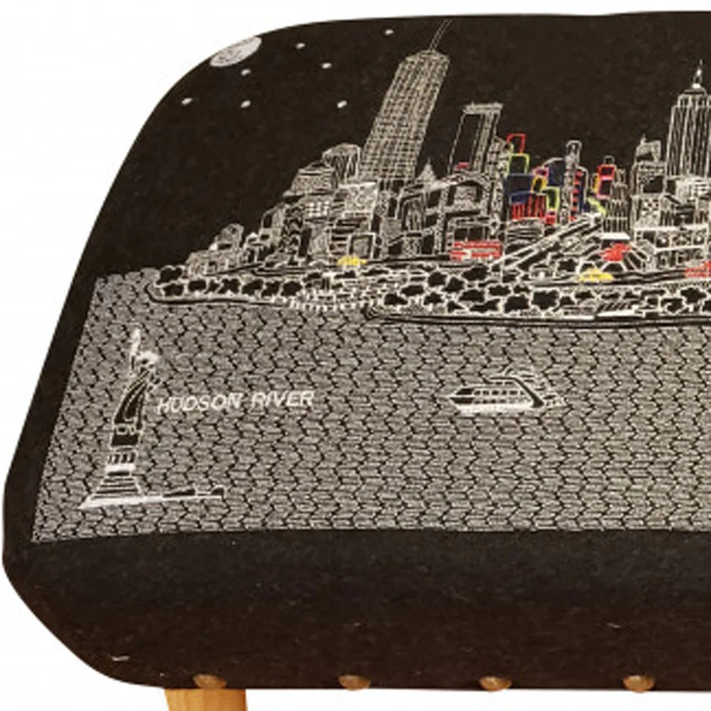 38" NYC Nighttime Skyline Embroidered Ottoman By Homeroots - Image 4