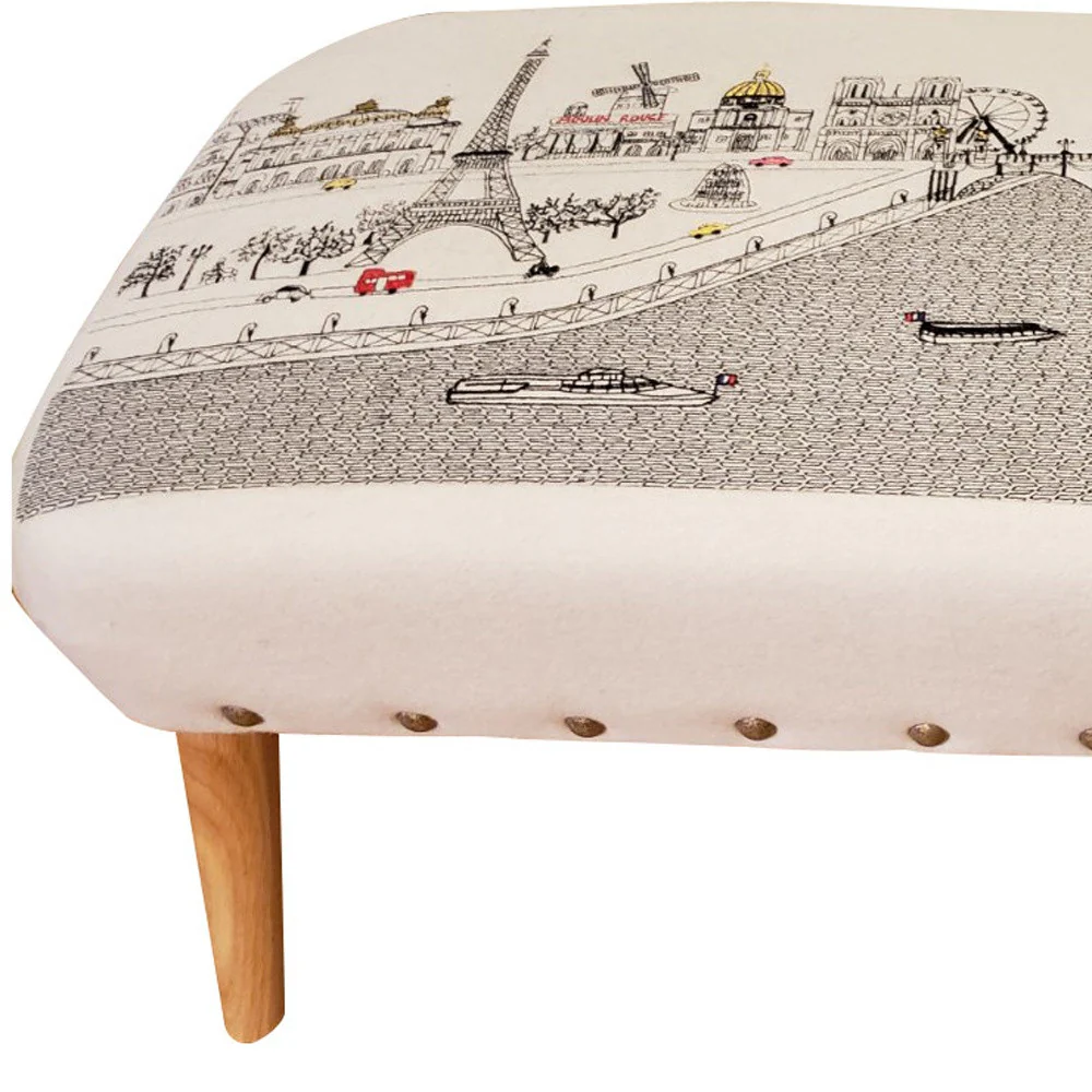 38" Paris Daylight Skyline Embroidered Ottoman By Homeroots - Image 4