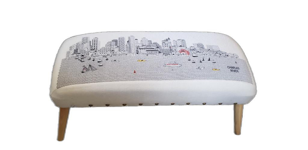 38" White Boston Daylight Skyline Embroidered Ottoman By Homeroots - Image 2