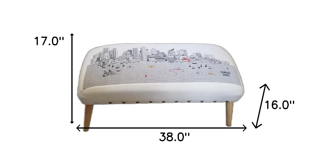 38" White Boston Daylight Skyline Embroidered Ottoman By Homeroots - Image 3