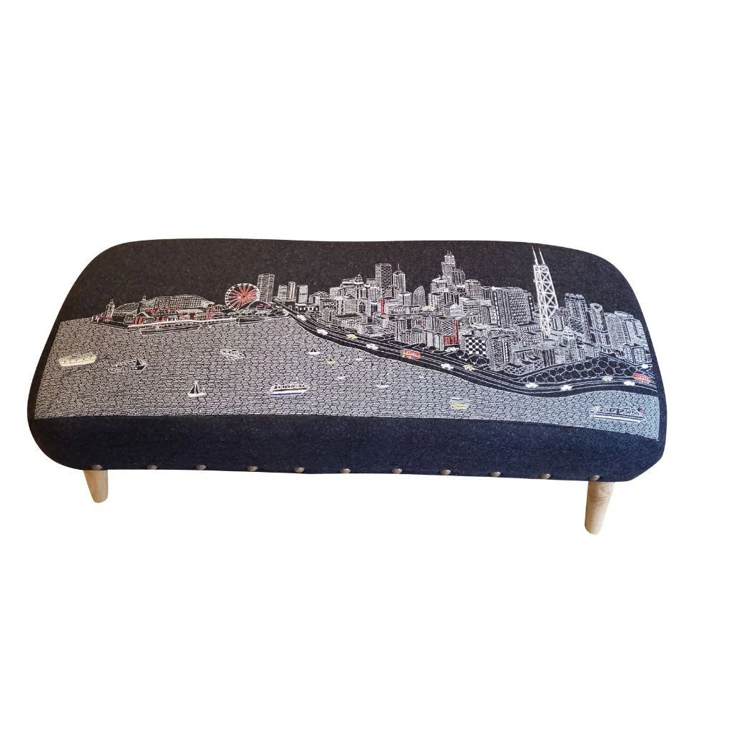 38" White Chicago Daylight Skyline Embroidered Ottoman By Homeroots - Image 5