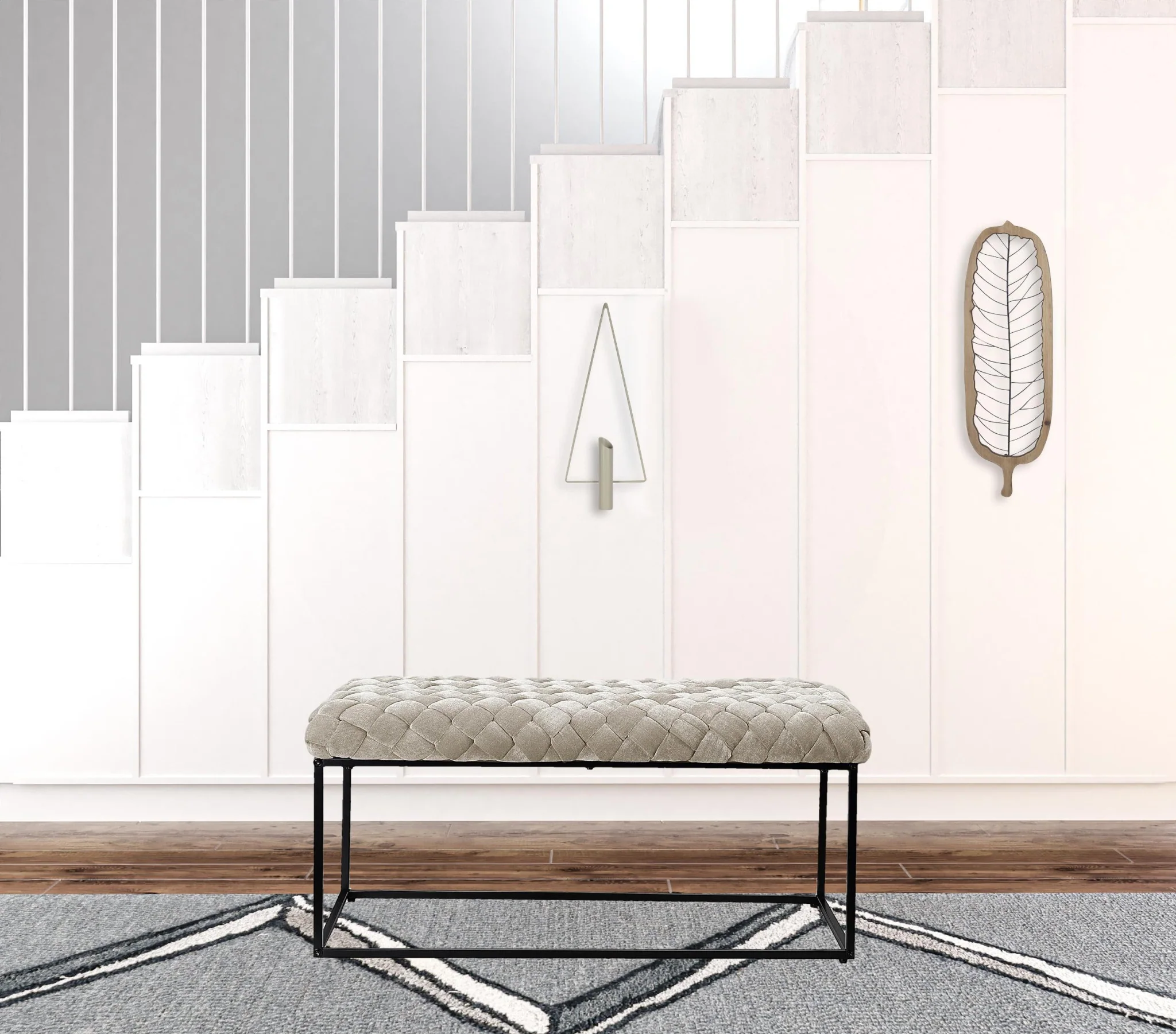 39" Cream And Black Upholstered Velvet Bench By Homeroots - Image 5