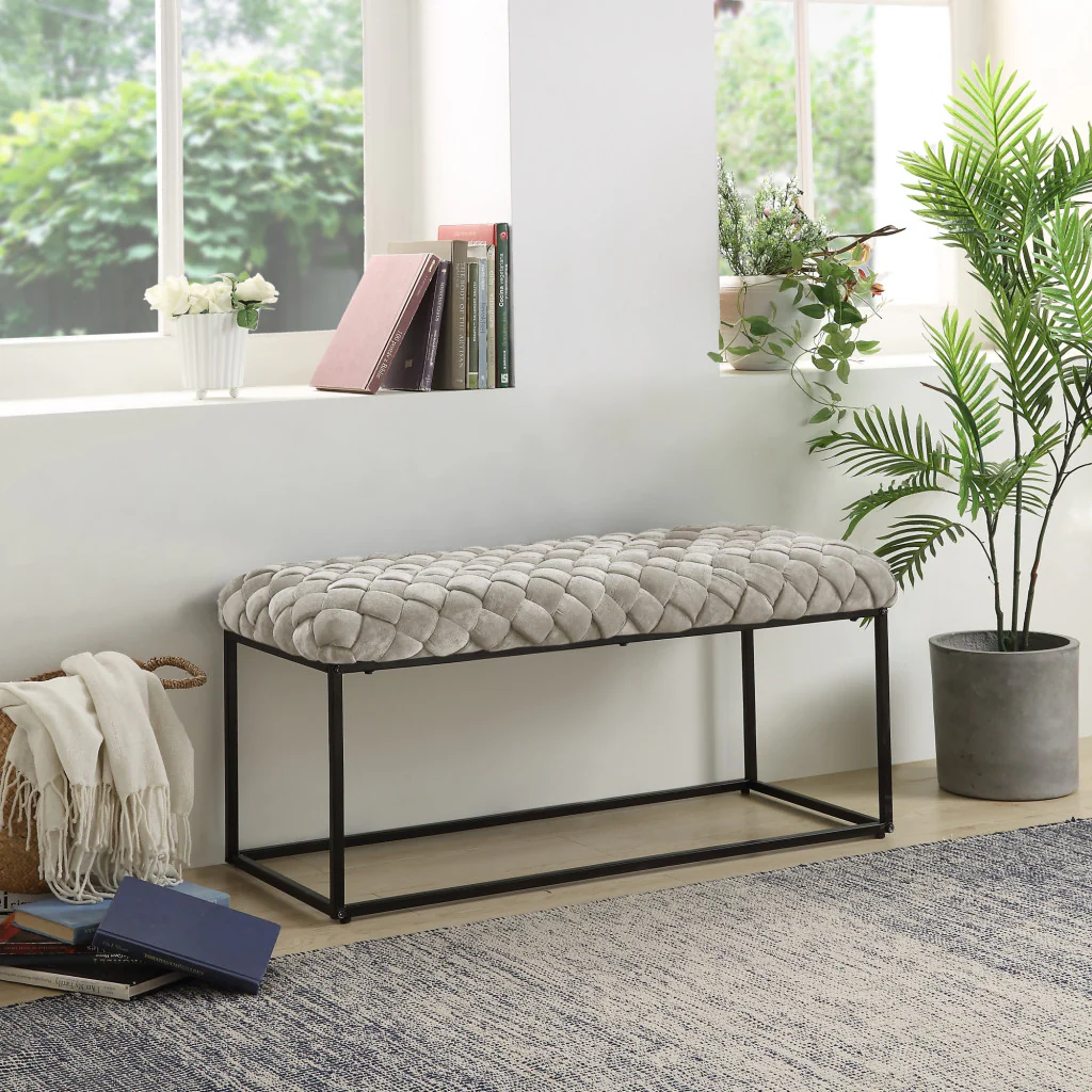 39" Cream And Black Upholstered Velvet Bench By Homeroots - Image 7