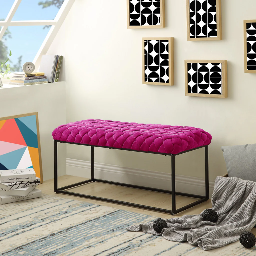 39" Fuchsia And Black Upholstered Velvet Bench By Homeroots - Image 6