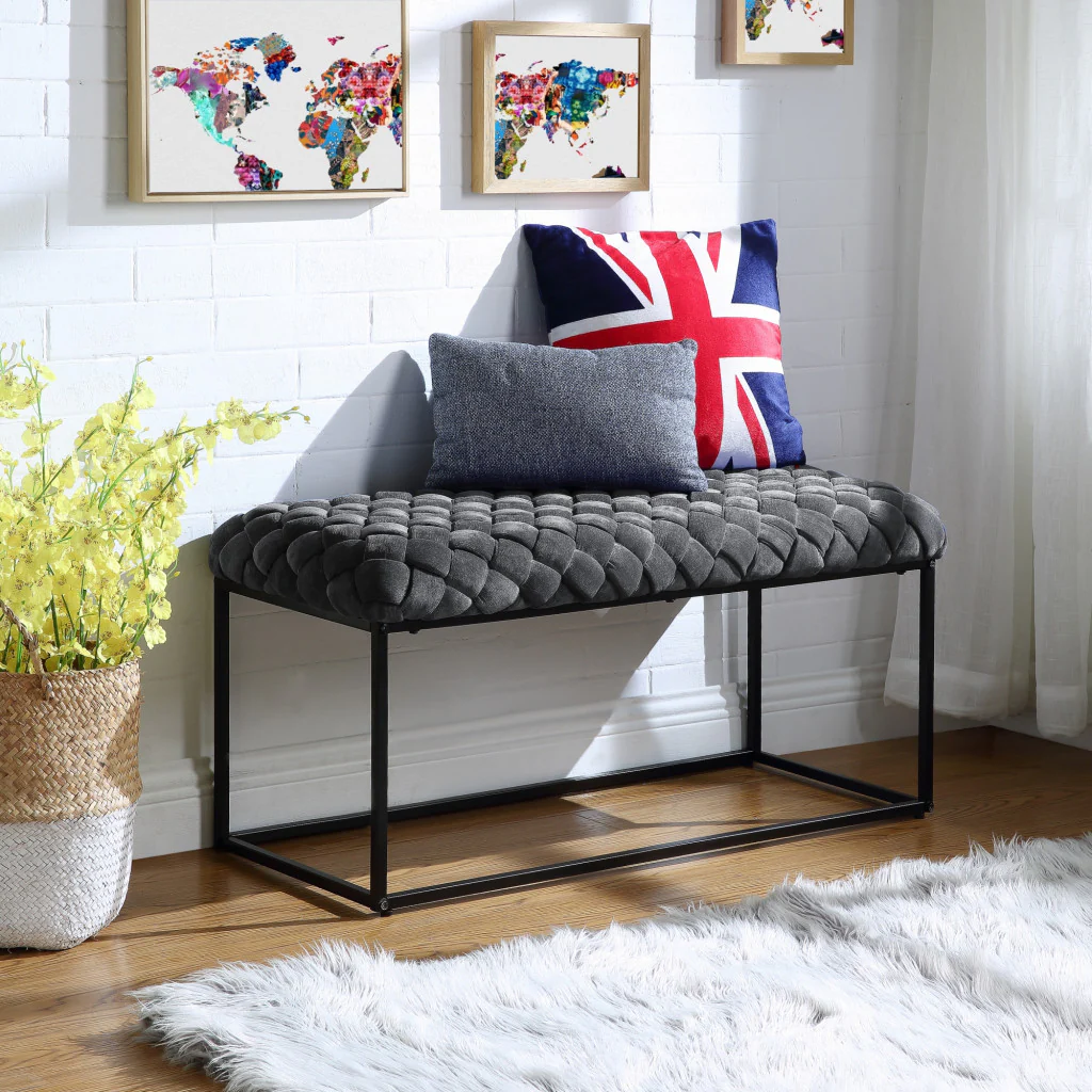 39" Gray And Black Upholstered Velvet Bench By Homeroots - Image 7