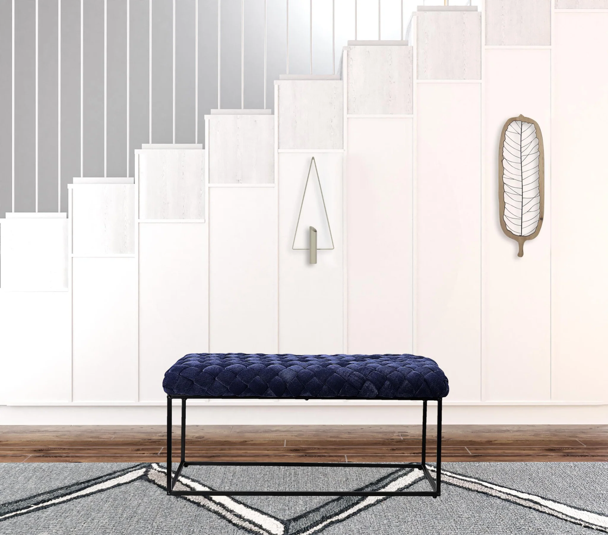 39" Navy Blue And Black Upholstered Velvet Bench By Homeroots - Image 4