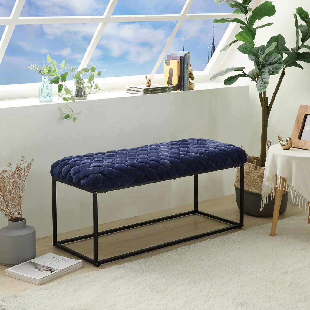 39" Navy Blue And Black Upholstered Velvet Bench By Homeroots - Image 6