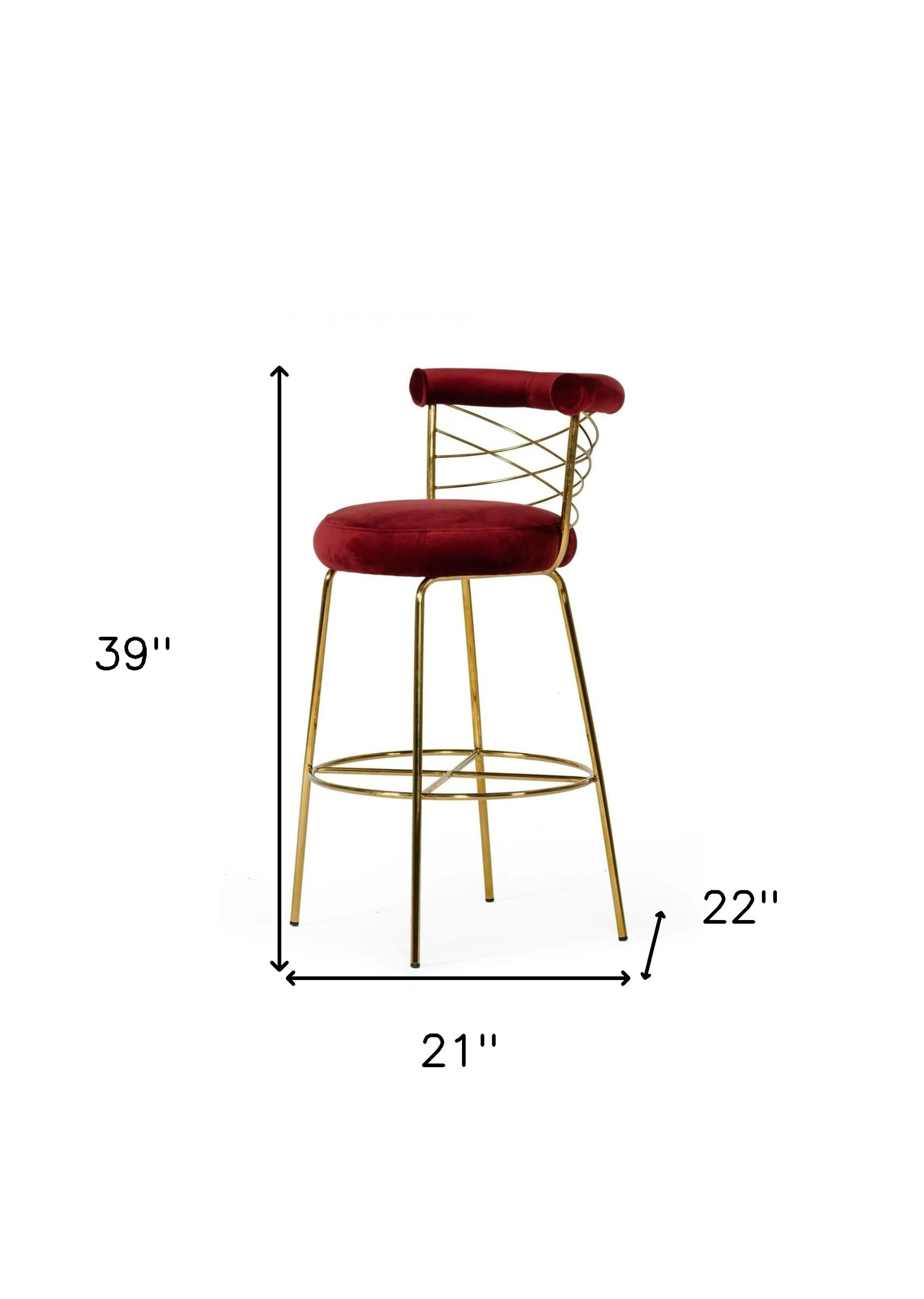 39" Red And Gold Velvet Low Back Bar Height Chair With Footrest By Homeroots - Image 8