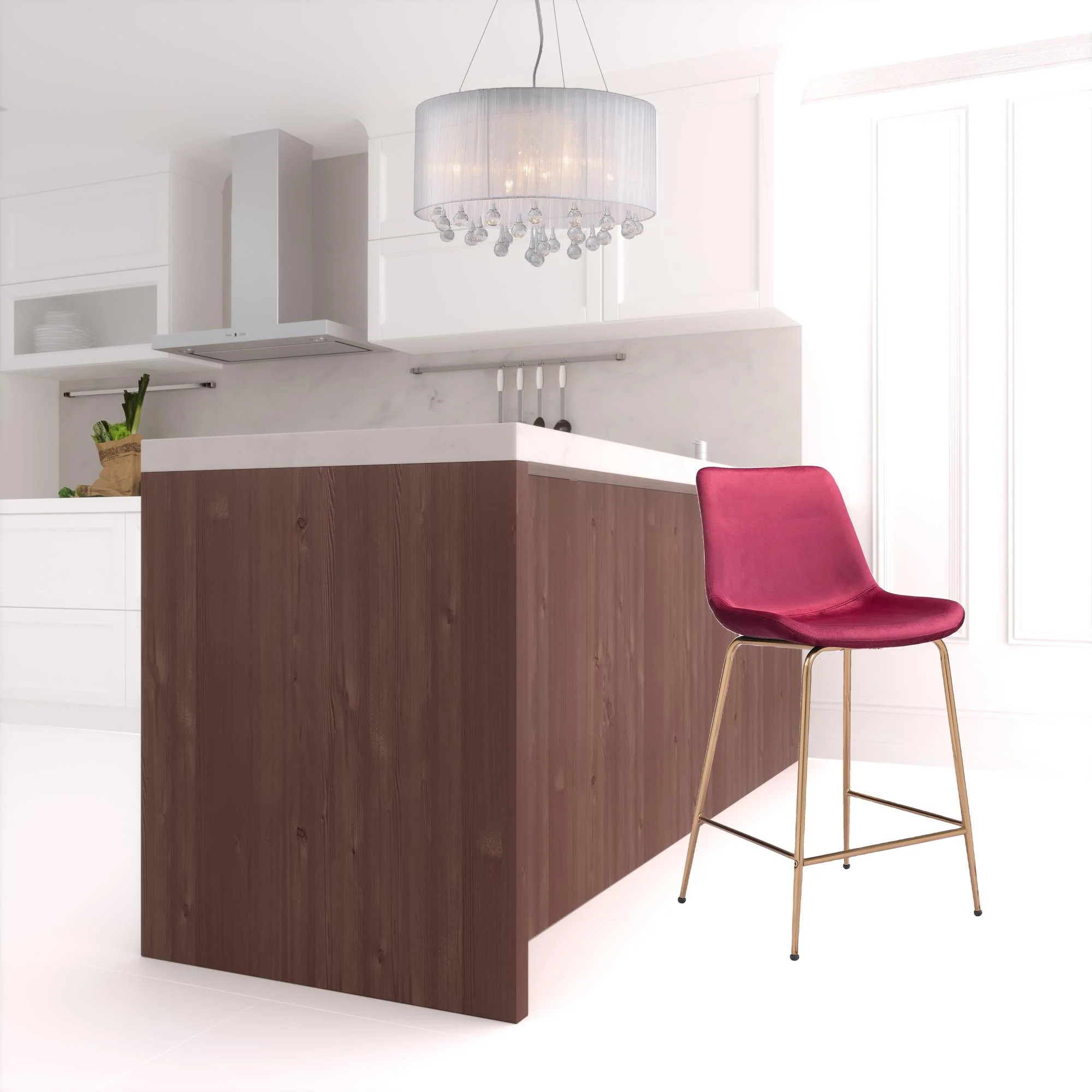 39" Red Velvet And Gold Low Back Counter Height Bar Chair With Footrest By Homeroots - Image 2