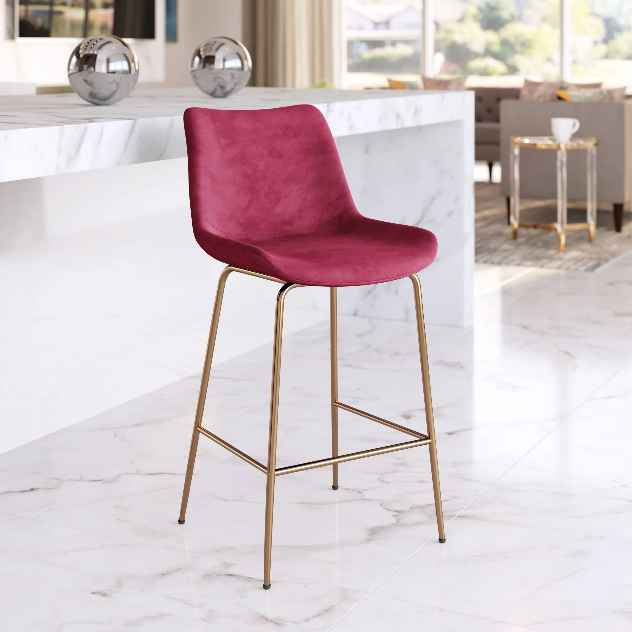39" Red Velvet And Gold Low Back Counter Height Bar Chair With Footrest By Homeroots - Image 7