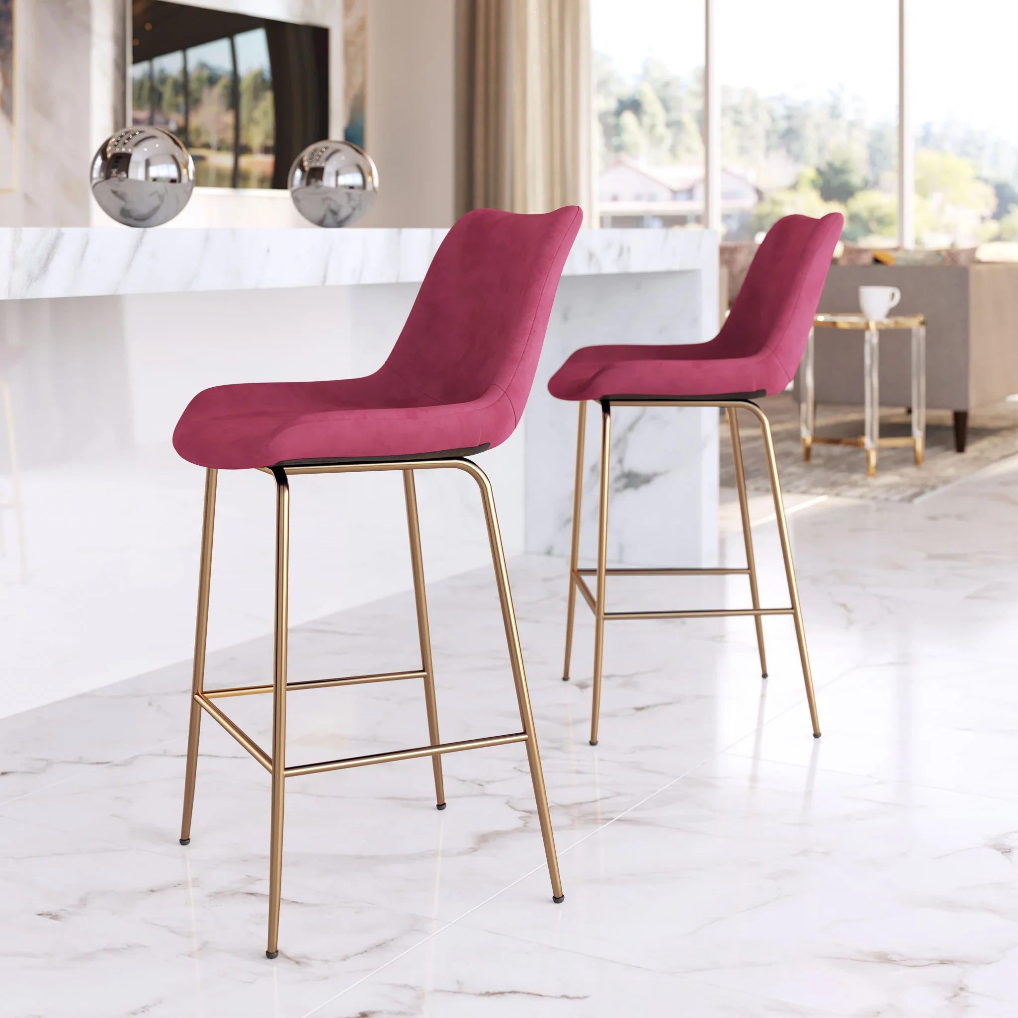 39" Red Velvet And Gold Low Back Counter Height Bar Chair With Footrest By Homeroots - Image 8
