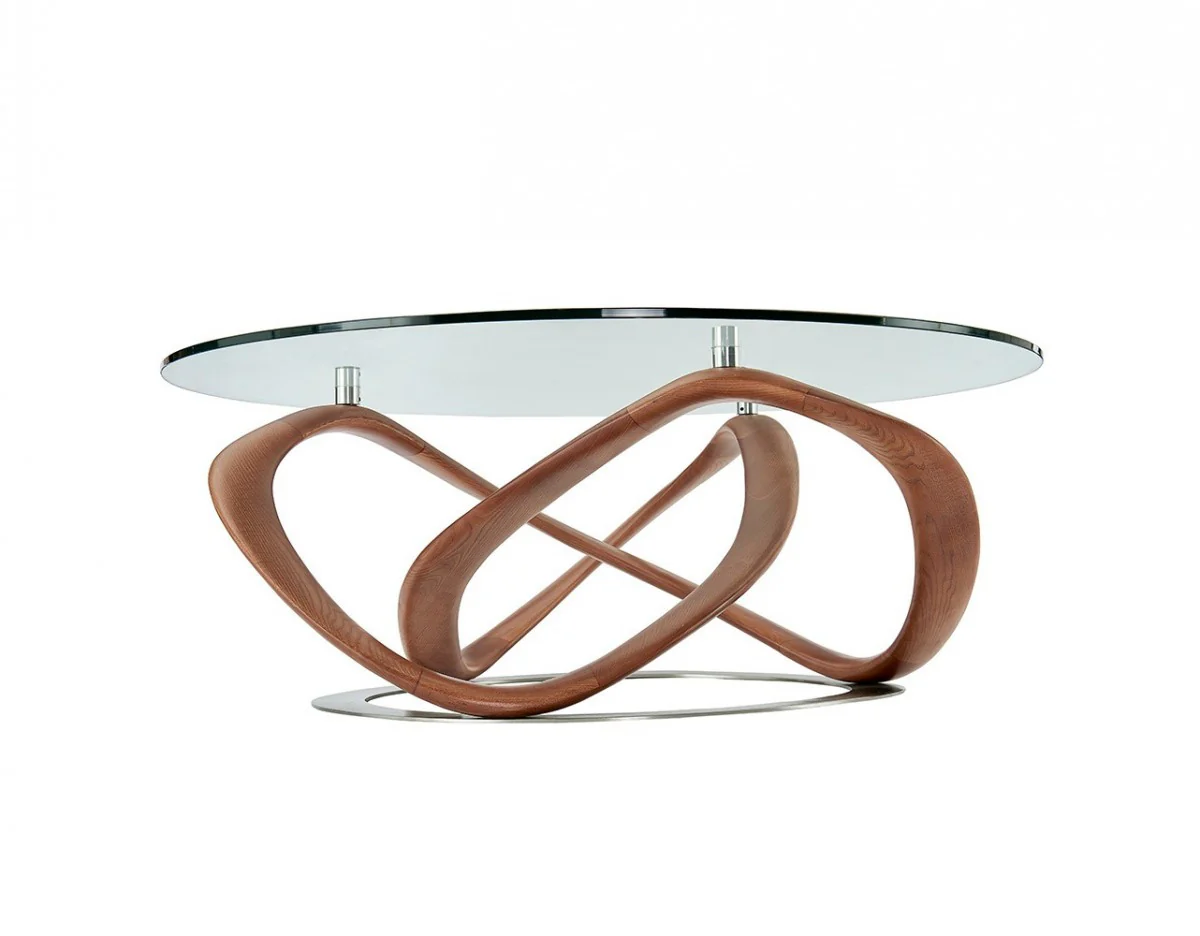 39" Walnut And Clear Glass Abstract Round Coffee Table By Homeroots - Image 2