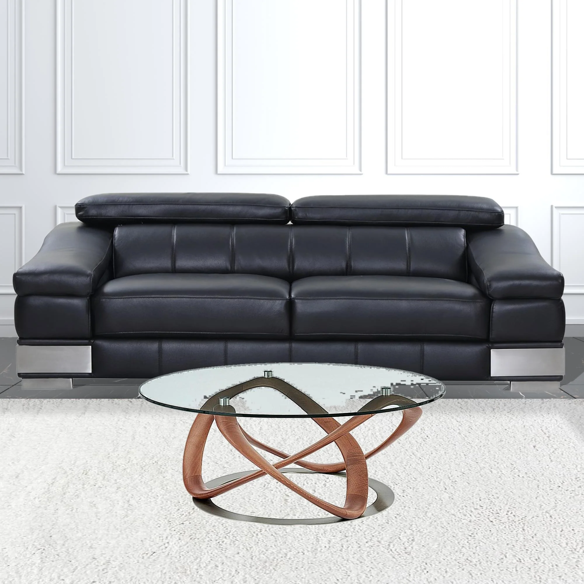 39" Walnut And Clear Glass Abstract Round Coffee Table By Homeroots - Image 3