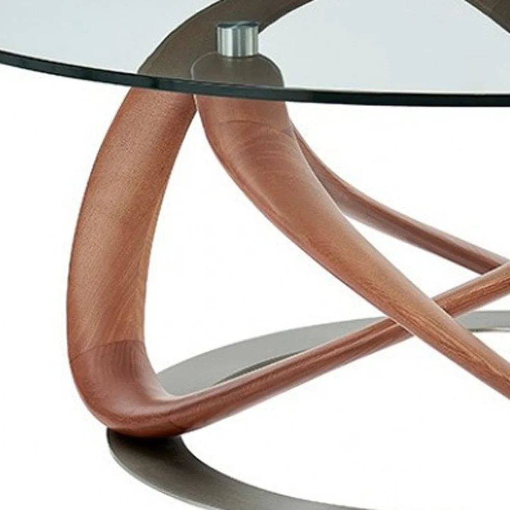 39" Walnut And Clear Glass Abstract Round Coffee Table By Homeroots - Image 4