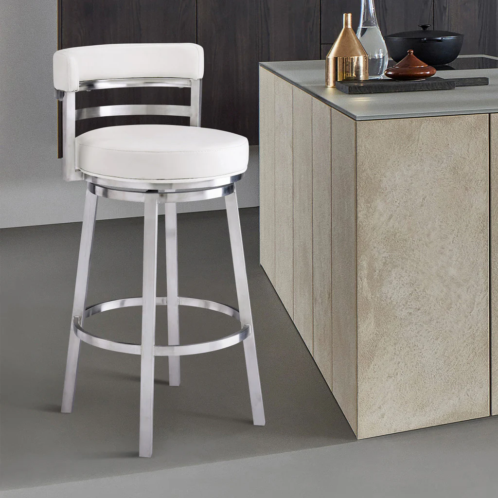 39" White And Silver Faux Leather Swivel Low Back Bar Height Chair With Footrest By Homeroots - Image 8