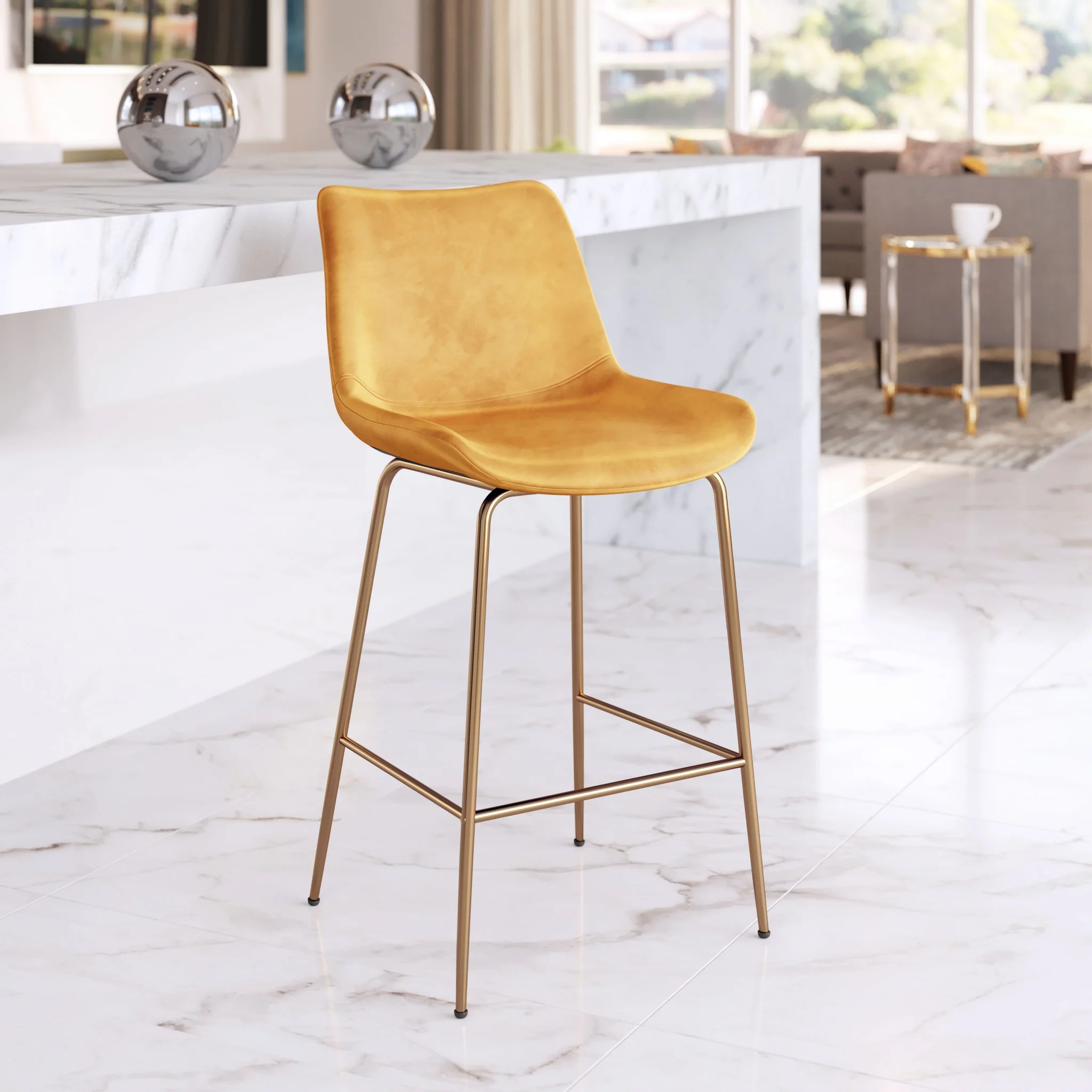 39" Yellow Velvet And Gold Low Back Counter Height Bar Chair With Footrest By Homeroots - Image 8