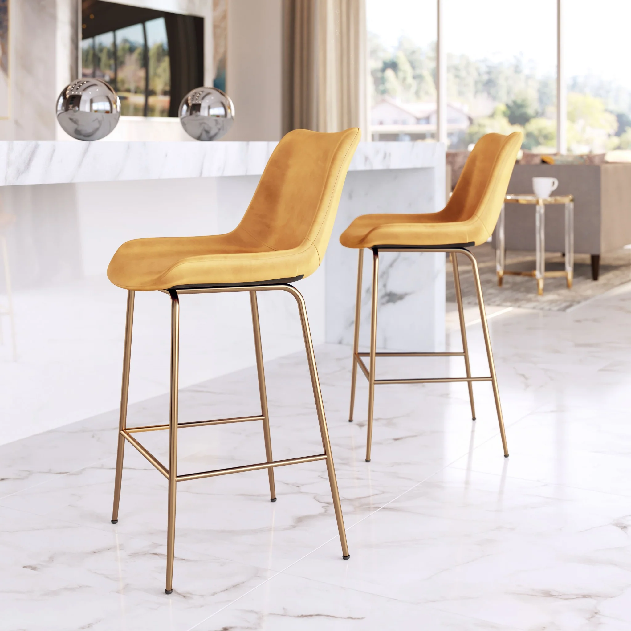 39" Yellow Velvet And Gold Low Back Counter Height Bar Chair With Footrest By Homeroots - Image 9