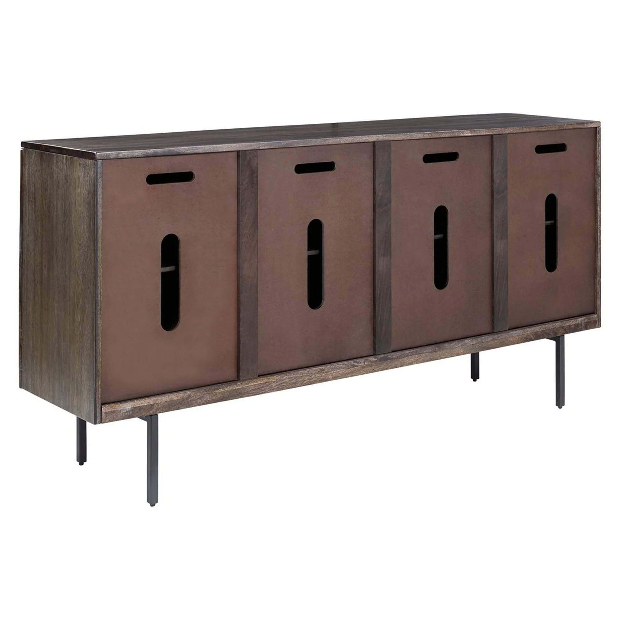 4 Door Wooden Accent Cabinet With Rough Hewn Texture Distressed Gray By Benzara - Image 2
