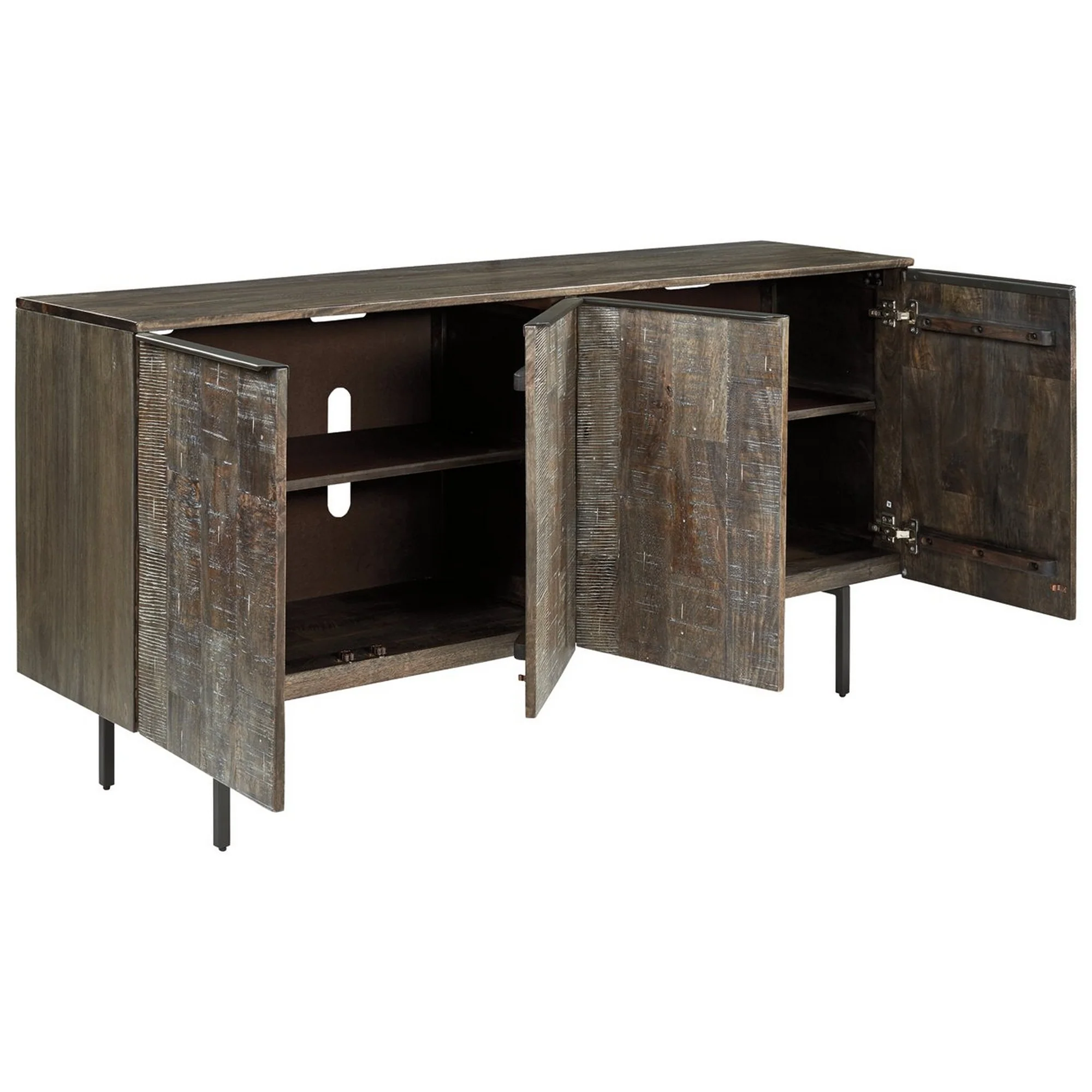 4 Door Wooden Accent Cabinet With Rough Hewn Texture Distressed Gray By Benzara - Image 3