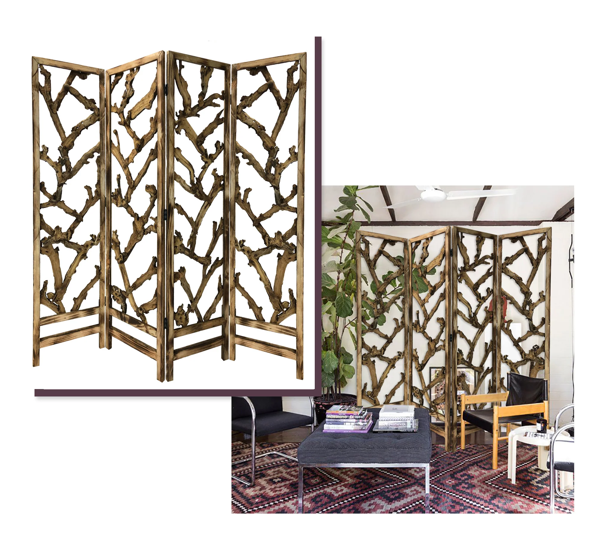 4 Panel Room Divider with Tropical Leaf By Homeroots - Image 3