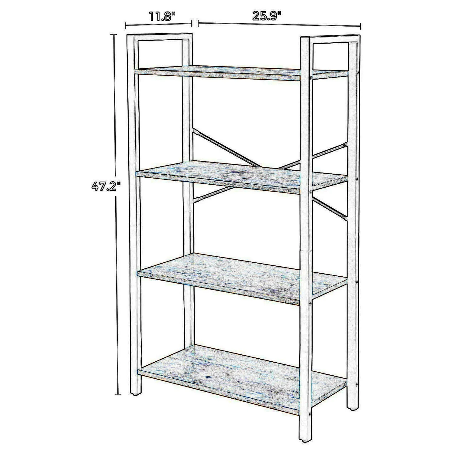 4 Tier Wood And Metal Bookcase With Criss Cross Back, Rustic Brown And Black By Benzara - Image 4