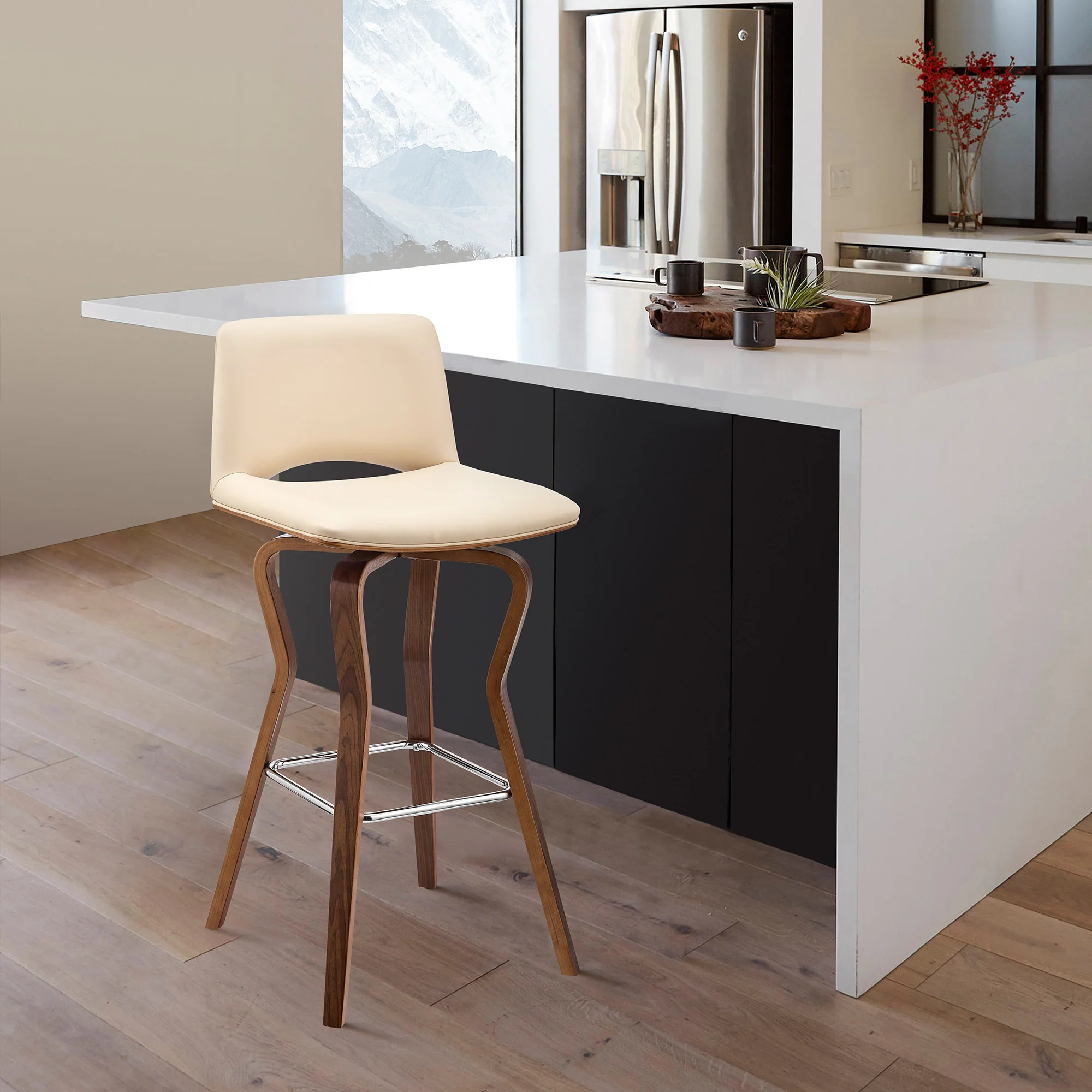 40" Cream Faux Leather And Manufactured Wood Swivel Low Back Bar Height Chair By Homeroots - Image 9