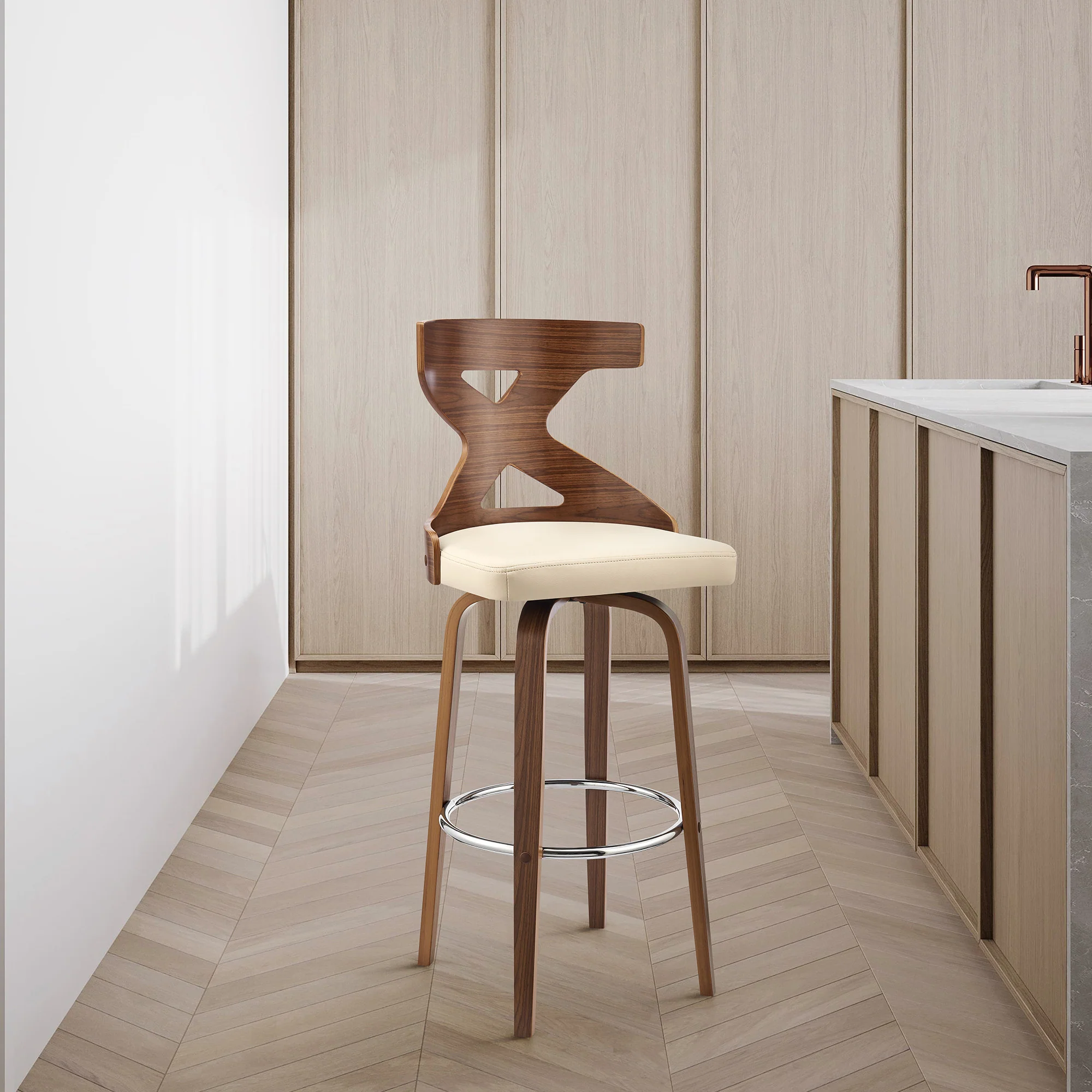 40" Cream Faux Leather And Wood Swivel Counter Height Bar Chair By Homeroots - Image 9