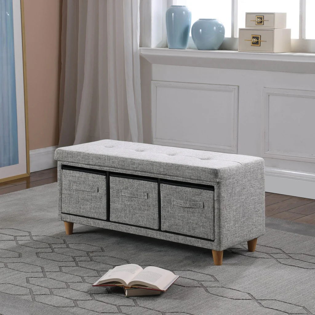 40" Gray And Brown Upholstered Cotton Blend Bench With Drawers By Homeroots - Image 7