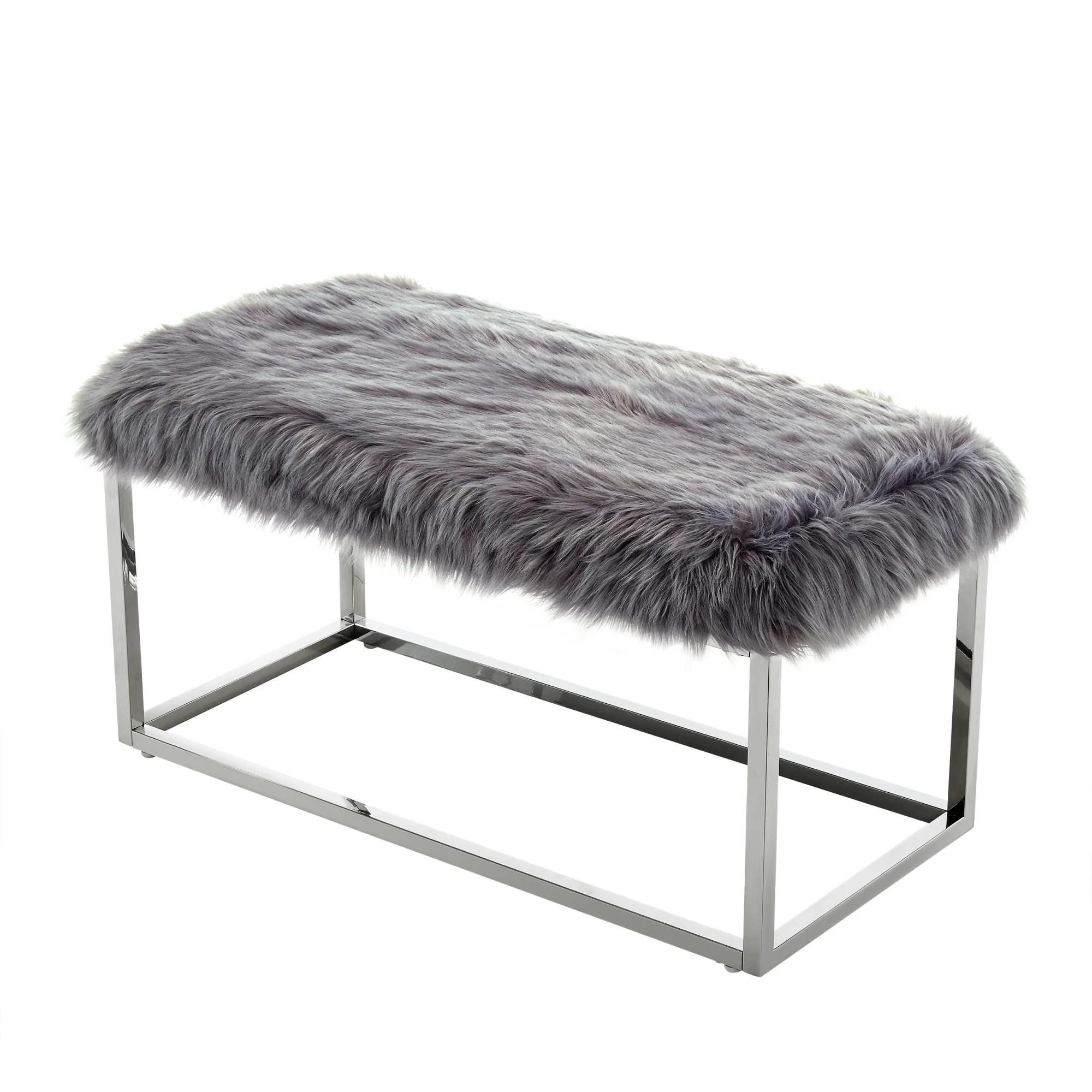 40" Gray And Silver Upholstered Faux Fur Bench By Homeroots - Image 4