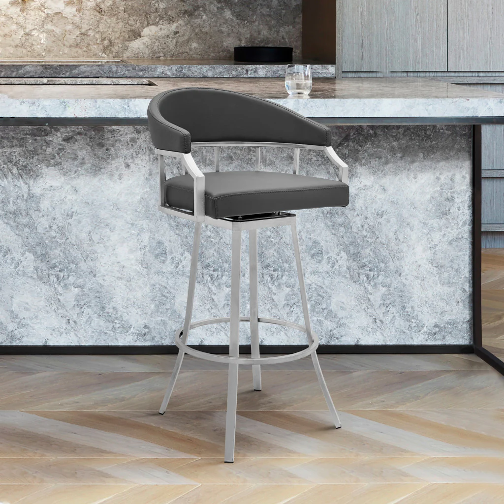 40" Gray Faux Leather And Iron Swivel Low Back Bar Height Chair By Homeroots - Image 8