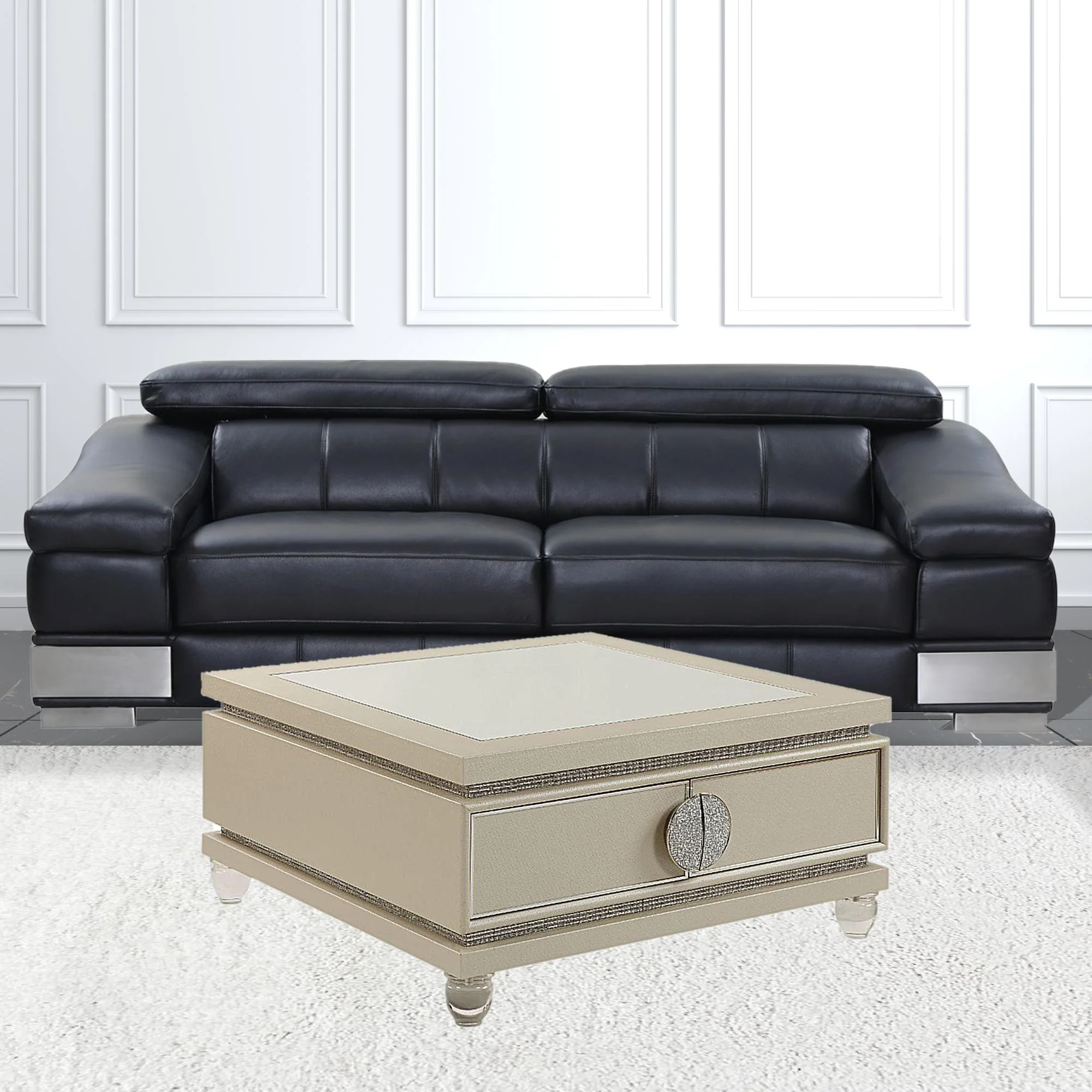 40" Pearlized Bling Faux Diamonds Square Mirrored Coffee Table With Two Drawers By Homeroots - Image 2