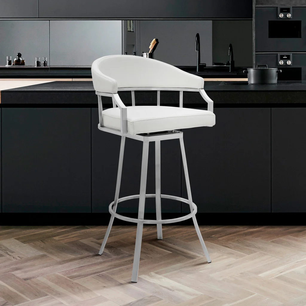 40" White Faux Leather And Iron Swivel Low Back Bar Height Chair By Homeroots - Image 8