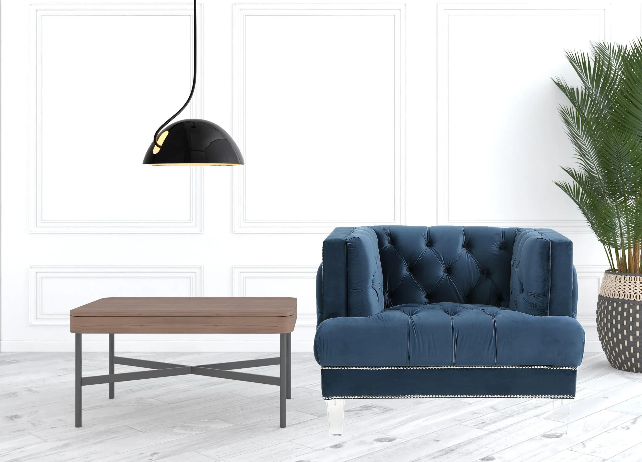 41" Blue Velvet And Black Tufted Arm Chair By Homeroots - Image 4