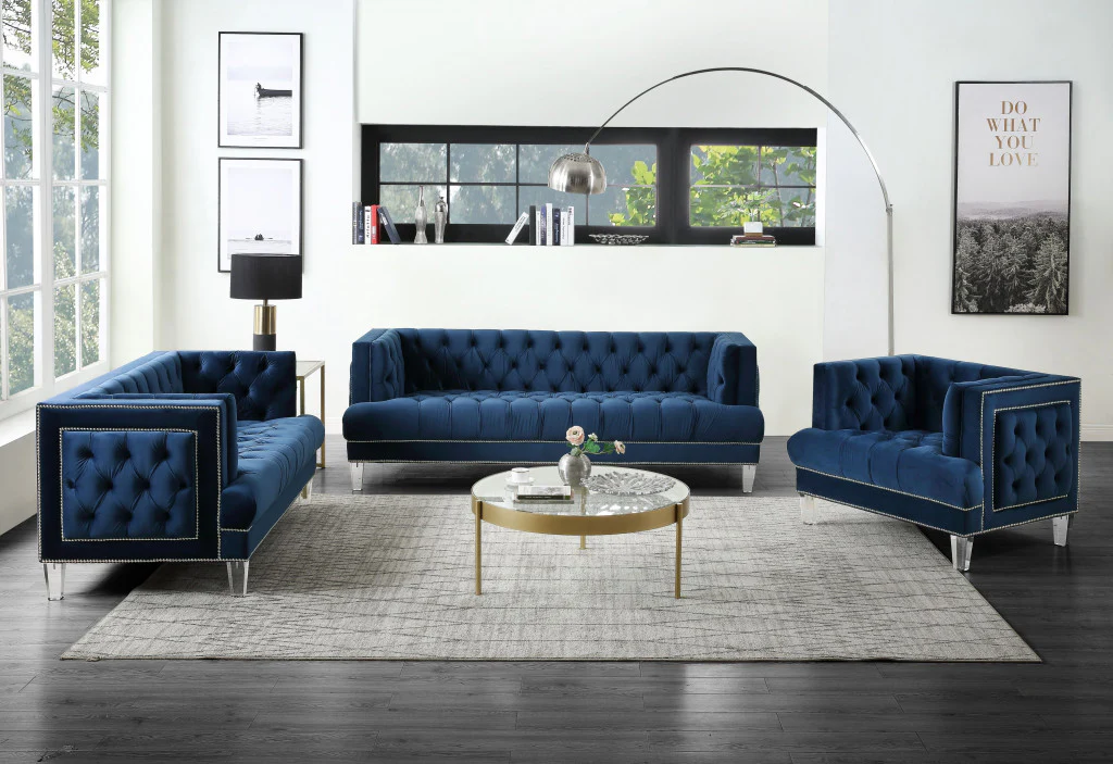 41" Blue Velvet And Black Tufted Arm Chair By Homeroots - Image 5
