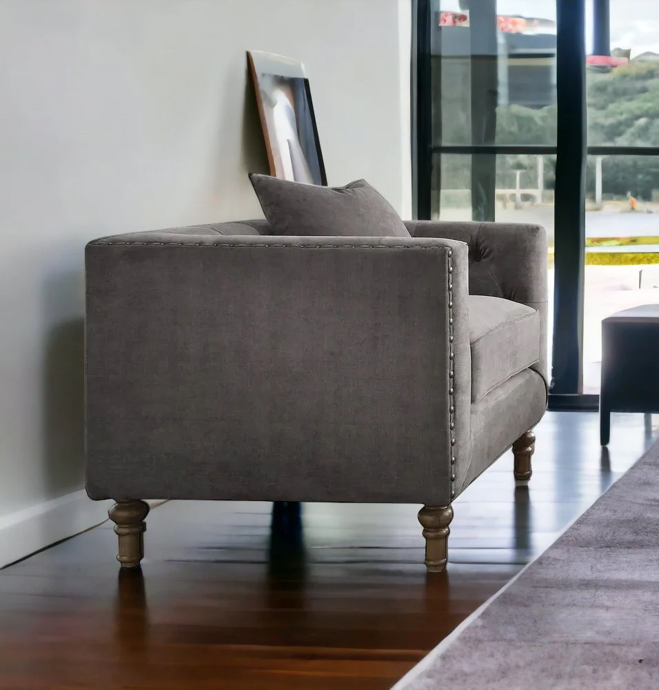 41" Gray And Brown Velvet Tufted Arm Chair By Homeroots - Image 2