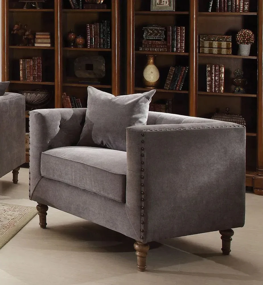 41" Gray And Brown Velvet Tufted Arm Chair By Homeroots - Image 3