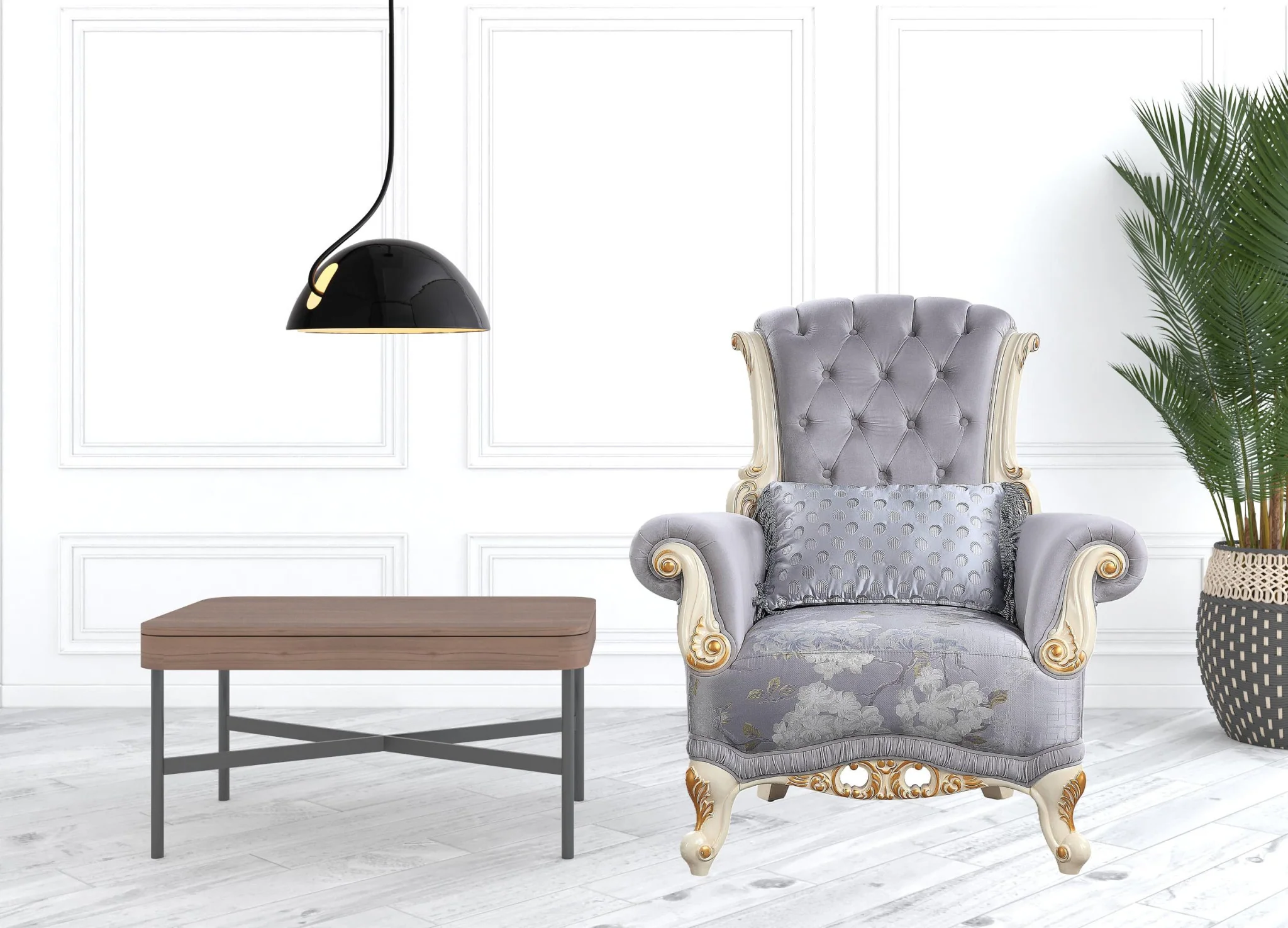 41" Gray Fabric And Black Floral Tufted Arm Chair By Homeroots - Image 2