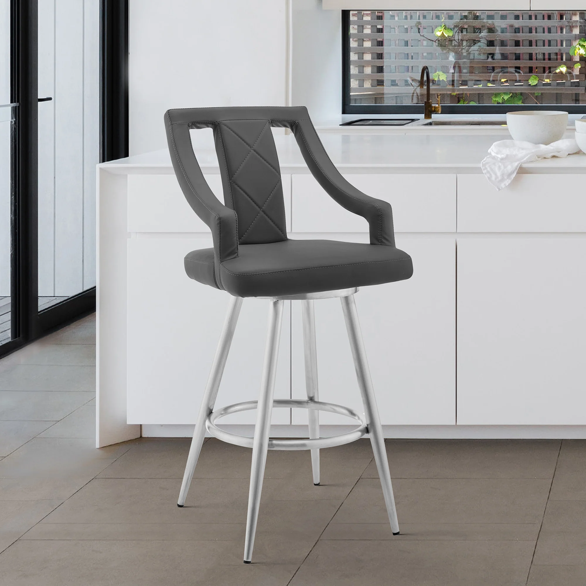 41" Gray Faux Leather And Iron Swivel Counter Height Bar Chair By Homeroots - Image 7