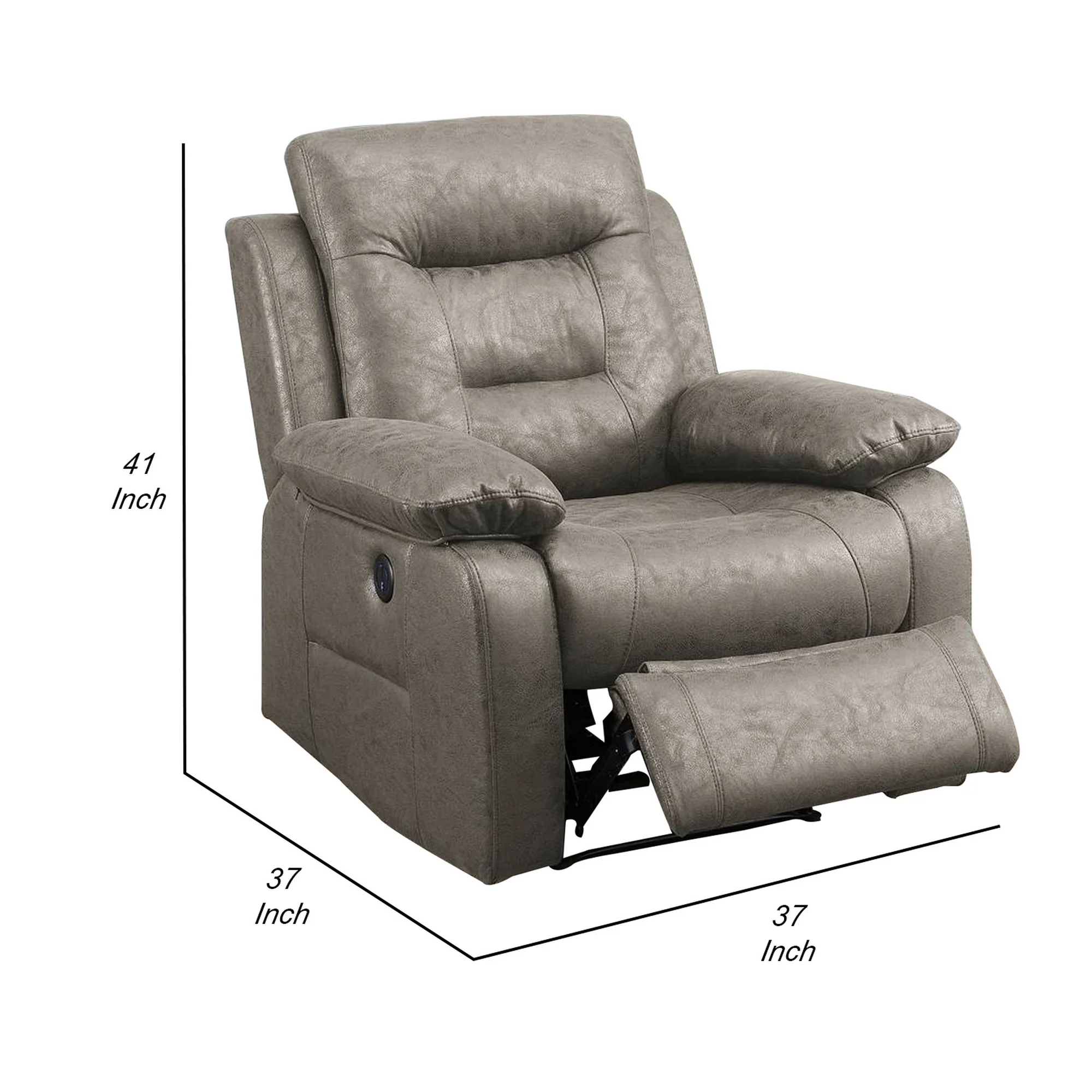 41 Inch Leatherette Power Recliner With Usb Port Gray By Benzara - Image 4