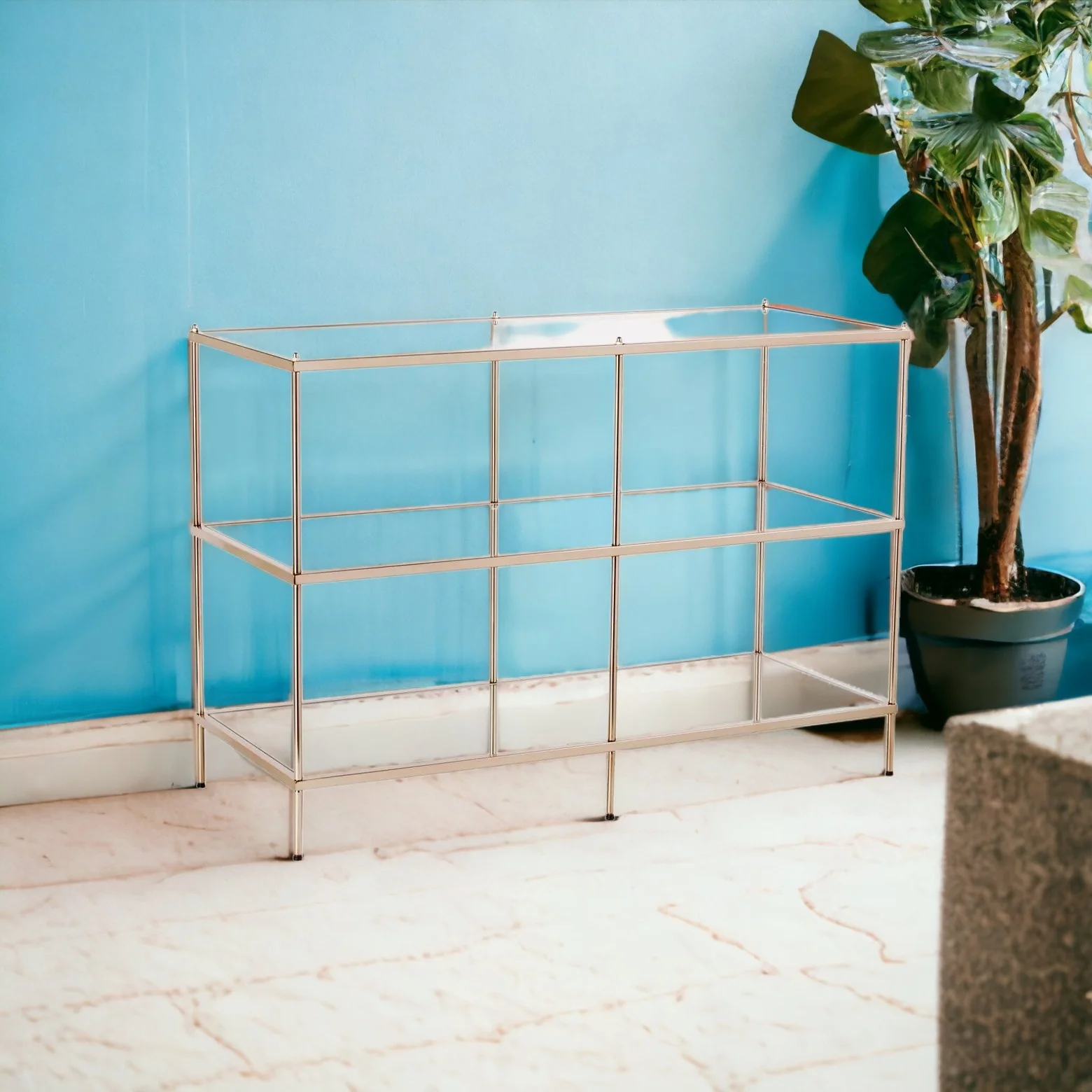42" Clear and Gold Glass Mirrored Floor Shelf Console Table With Storage By Homeroots - Image 2