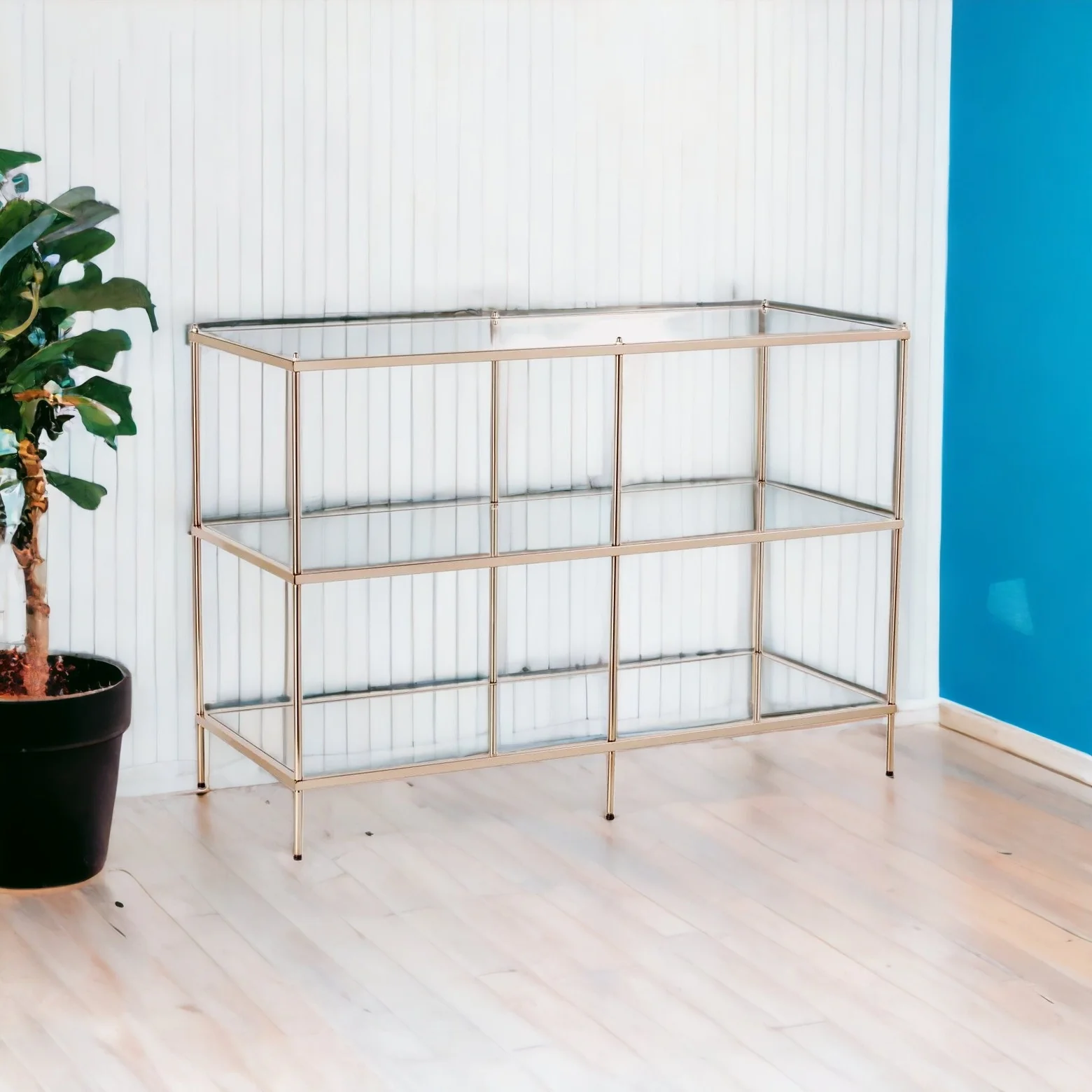 42" Clear and Gold Glass Mirrored Floor Shelf Console Table With Storage By Homeroots - Image 3