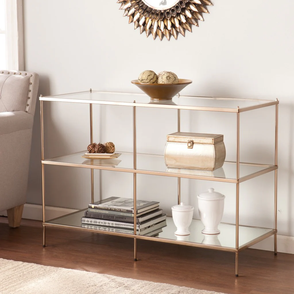 42" Clear and Gold Glass Mirrored Floor Shelf Console Table With Storage By Homeroots - Image 7