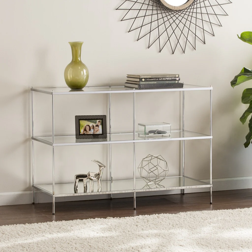 42" Clear and Silver Glass Mirrored Floor Shelf Console Table With Storage By Homeroots - Image 7