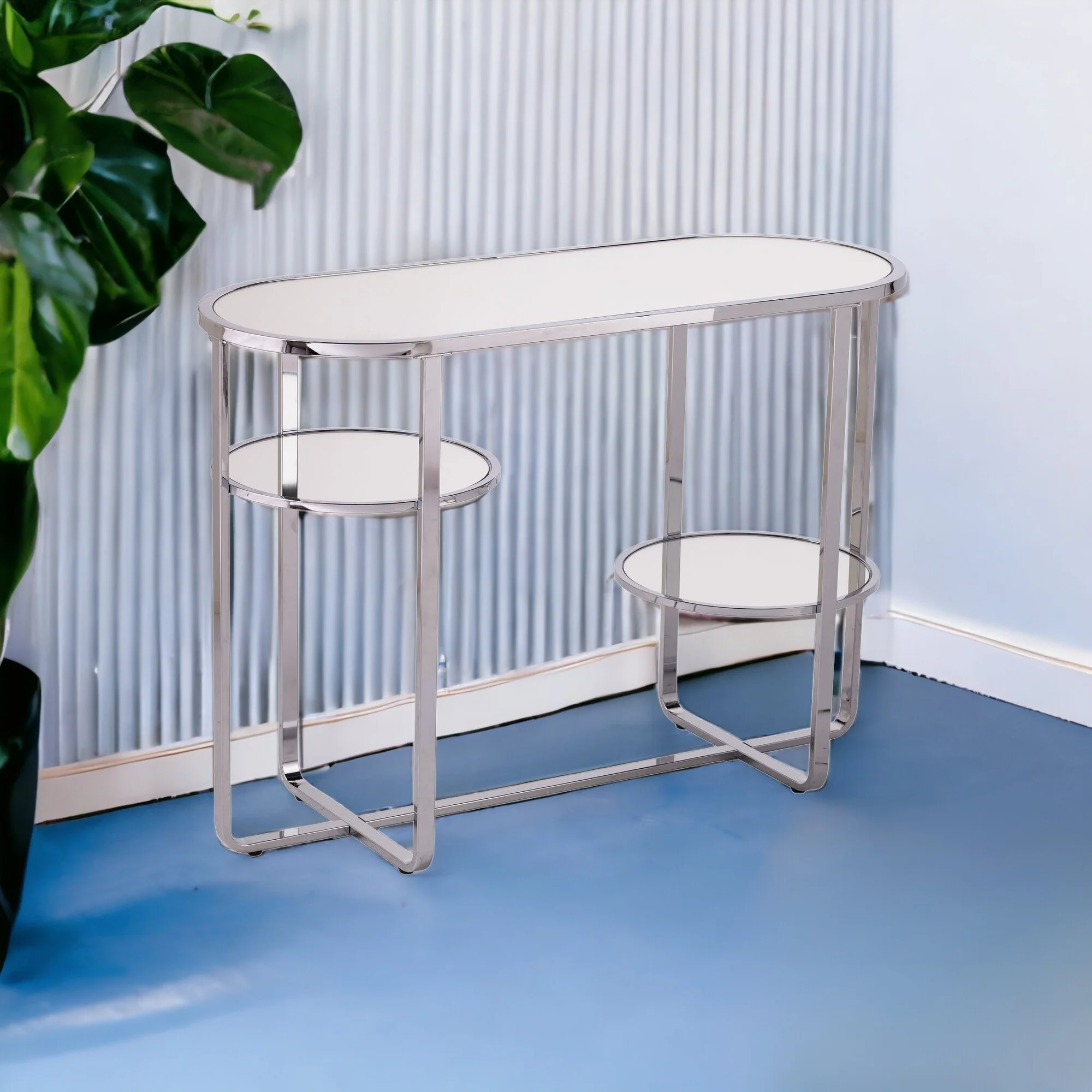 42" Clear and Silver Mirrored Glass Oval Frame Console Table With Storage By Homeroots - Image 5