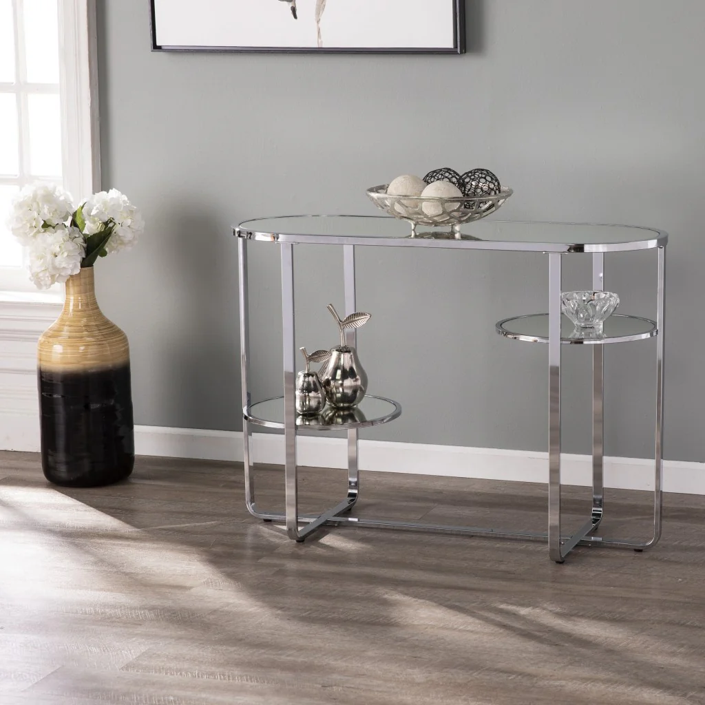 42" Clear and Silver Mirrored Glass Oval Frame Console Table With Storage By Homeroots - Image 7