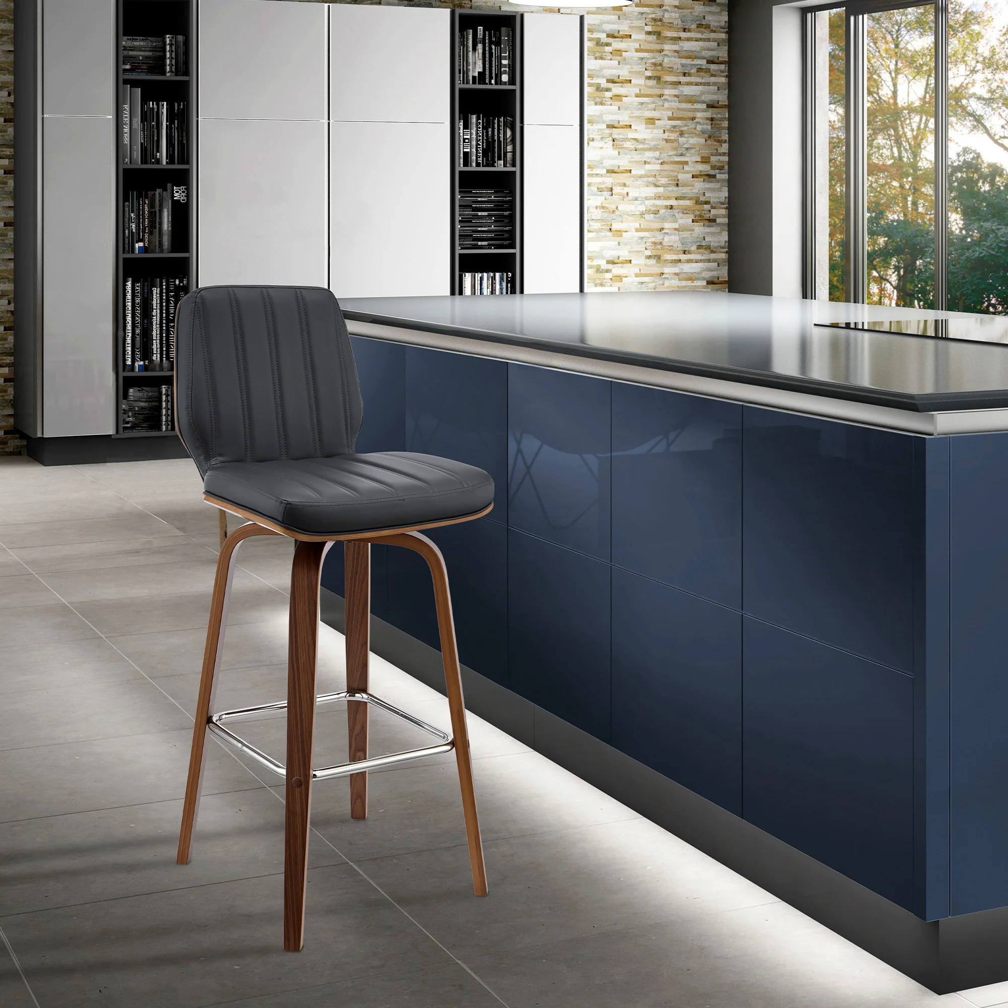 42" Dark Gray Faux Leather And Wood Swivel Bar Height Chair By Homeroots - Image 9
