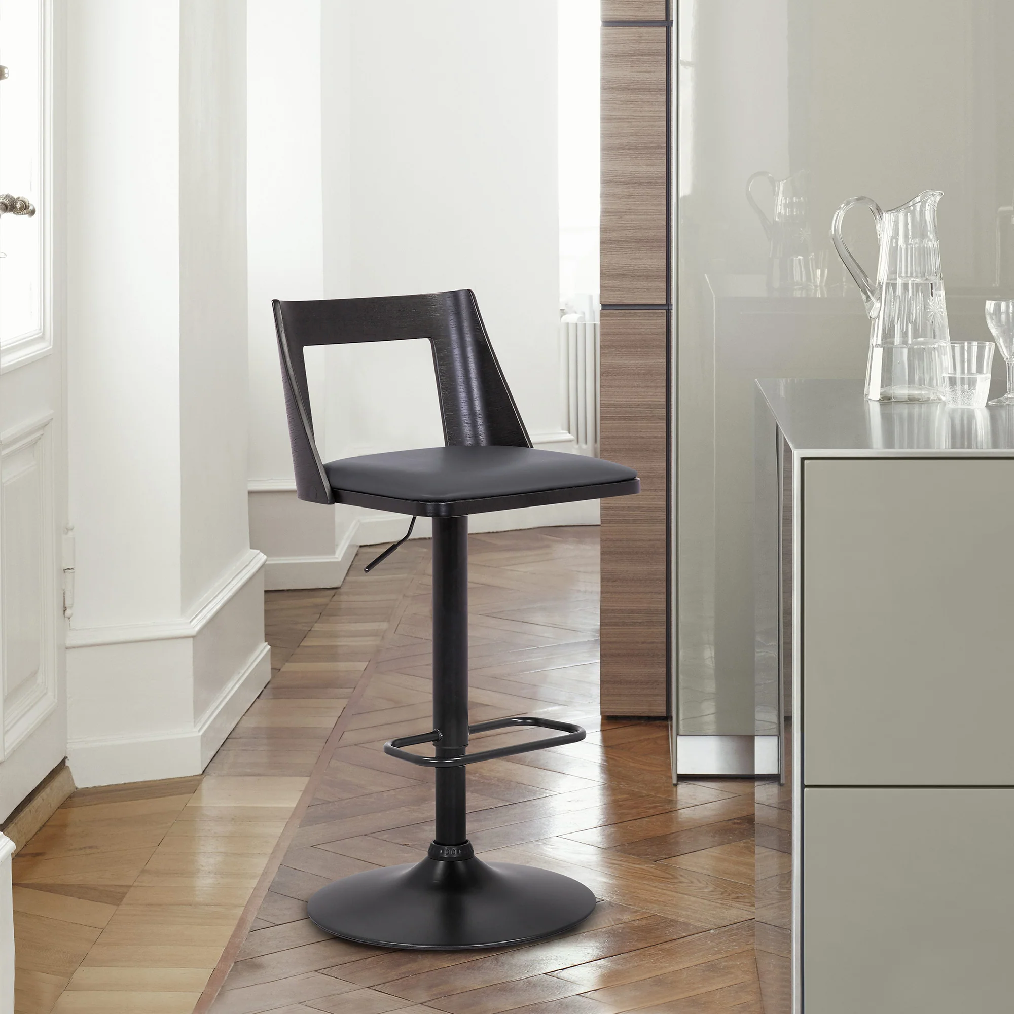 42" Gray And Black Faux Leather Swivel Adjustable Height Bar Chair With Footrest By Homeroots - Image 9