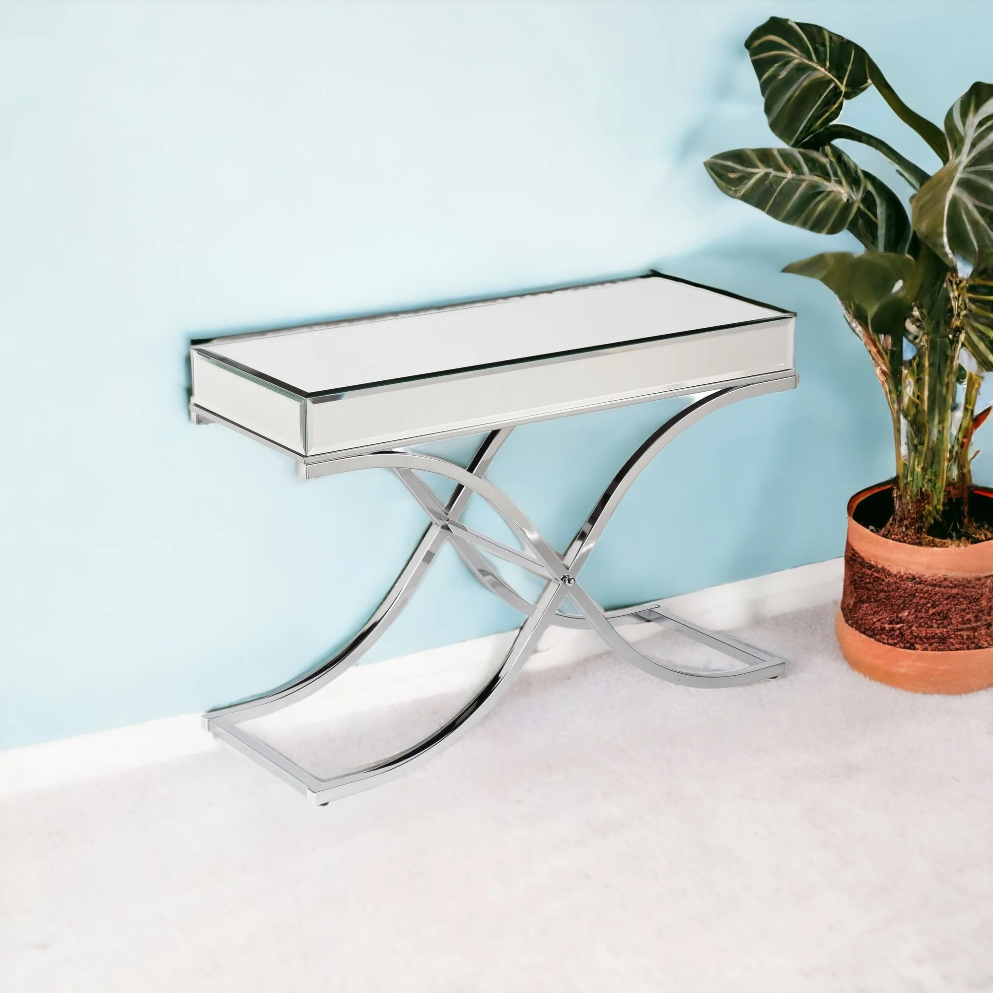 42" Silver Mirrored Glass Cross Leg Console Table By Homeroots - Image 2