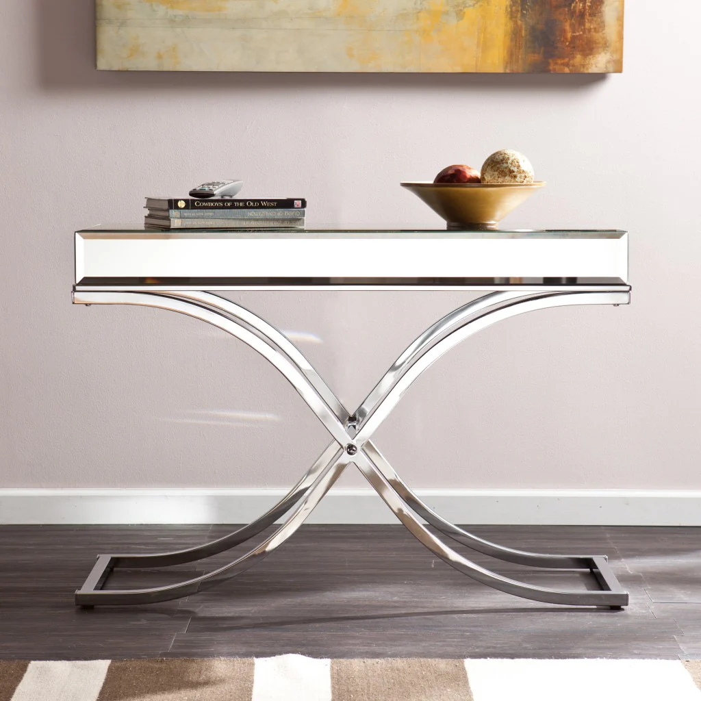 42" Silver Mirrored Glass Cross Leg Console Table By Homeroots - Image 4