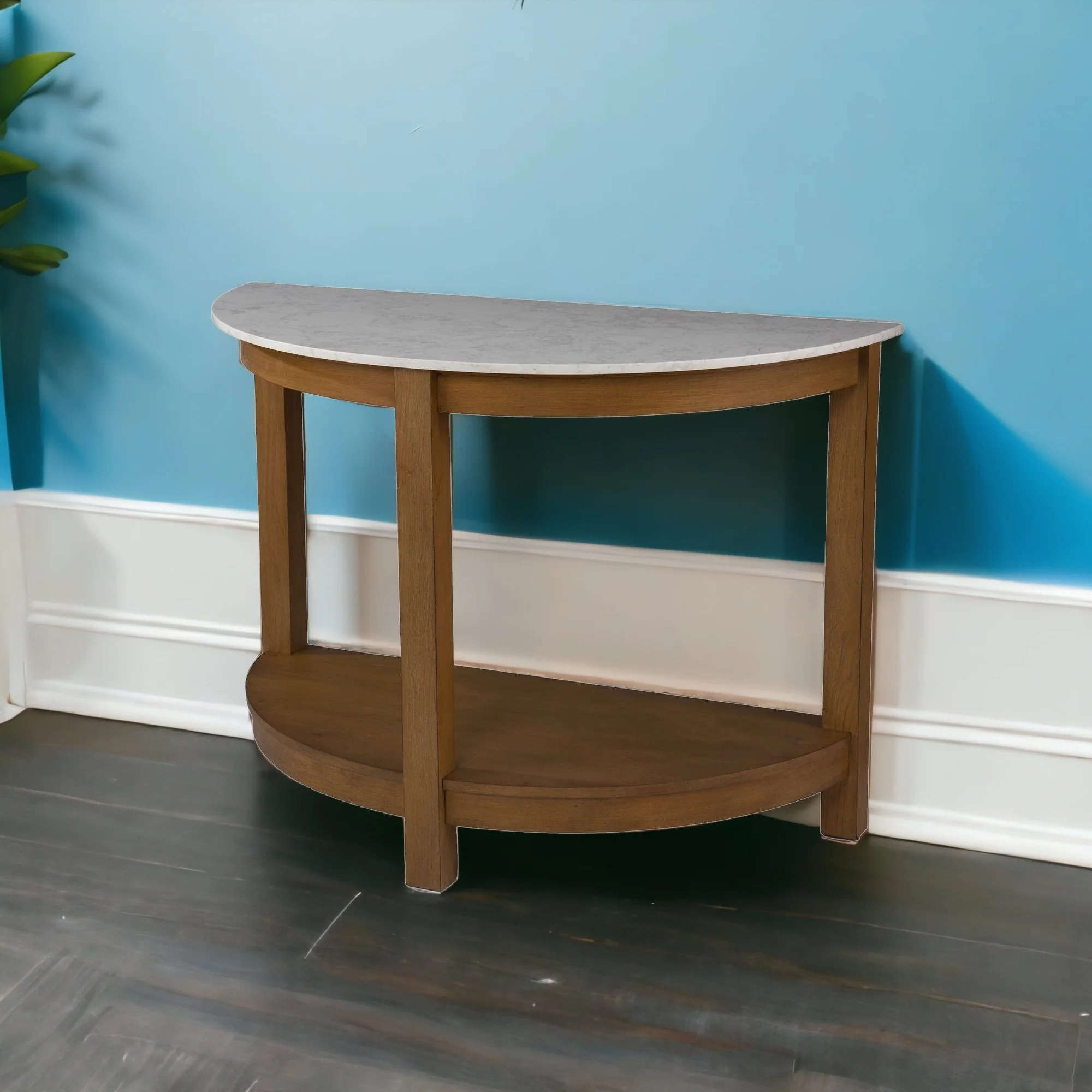 42" White and Natural Faux Marble Half Circle Three Leg Console Table With Storage By Homeroots - Image 7